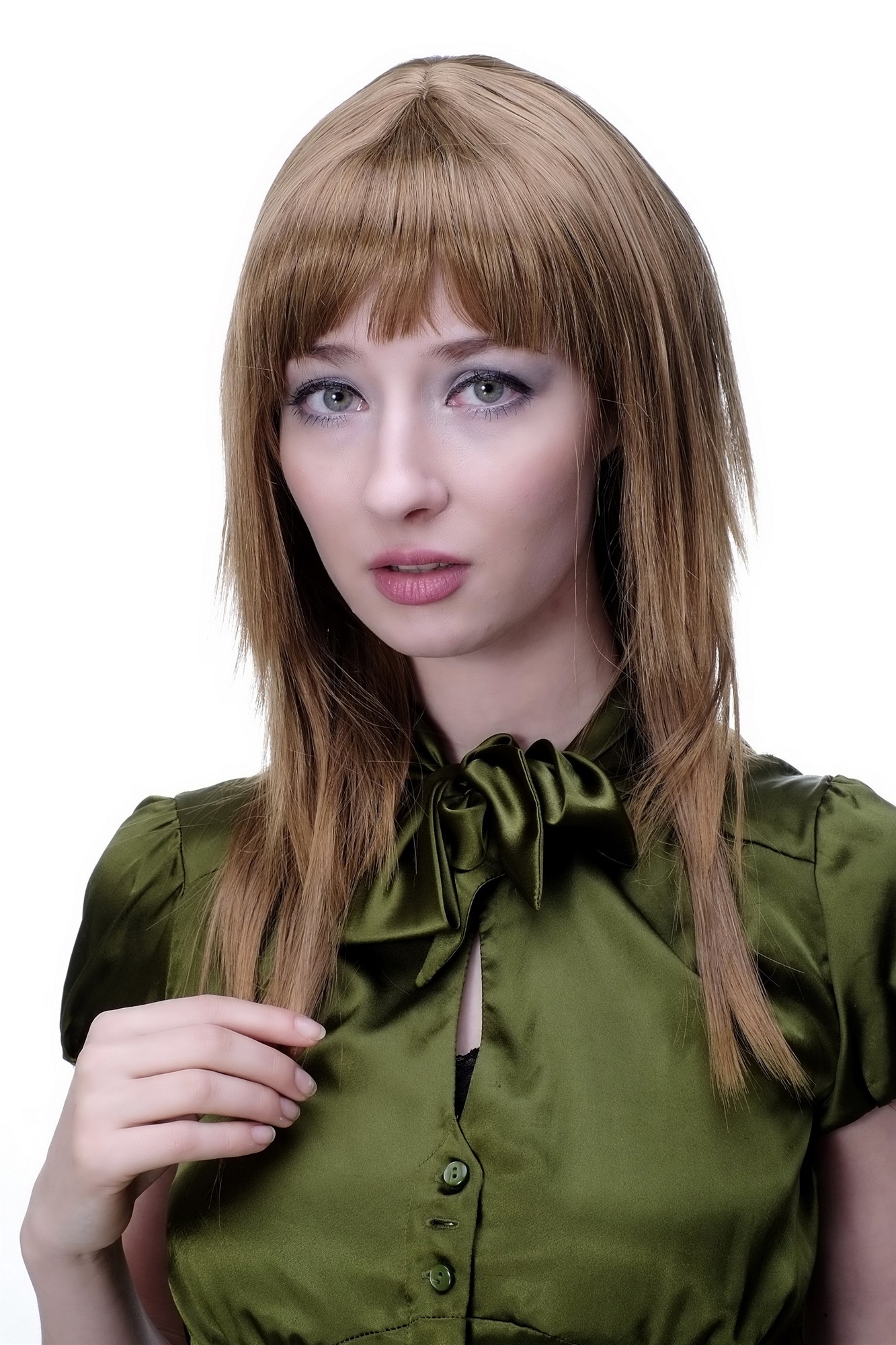 hochwertige Qualitätsperücken, Damen Perücke glatt gestuft lang Pony dunkelblond + rötlich 9214-14T27, Vorderansicht, WIG ME UP: Ihr Perücken Online Shop glatte Tressen-Perücke mit Kopfhaut-Imitat Hellbraun und Kupferblond lange Haare für Damen