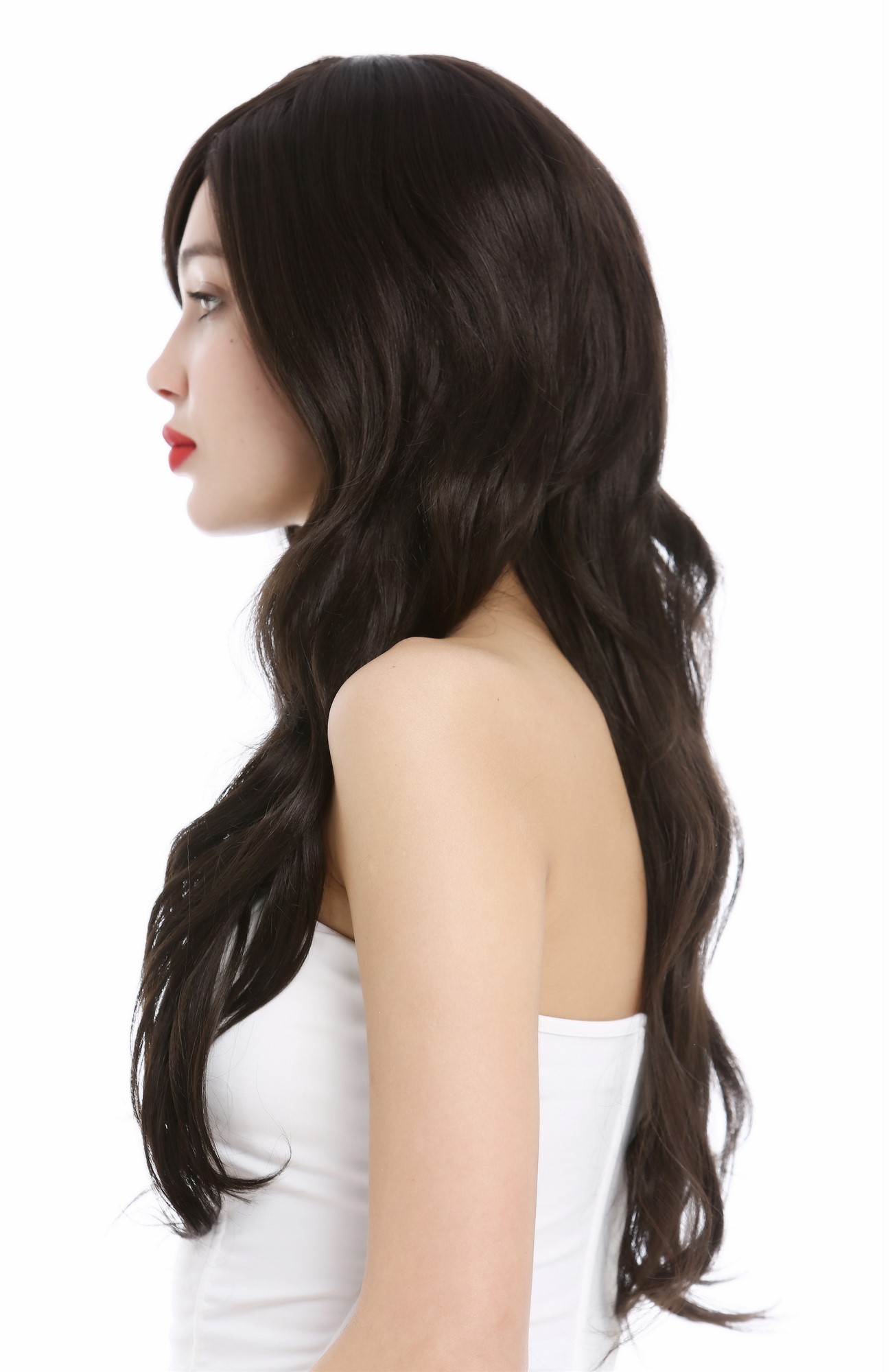hochwertige Qualitätsperücken, Perücke lang gewellt voluminös Dunkelbraun VK-37-4, Ansicht 3, WIG ME UP: Ihr Perücken Online Shop wellige Tressen-Perücke mit Kopfhaut-Imitat Dunkelbraun lange Haare für Damen