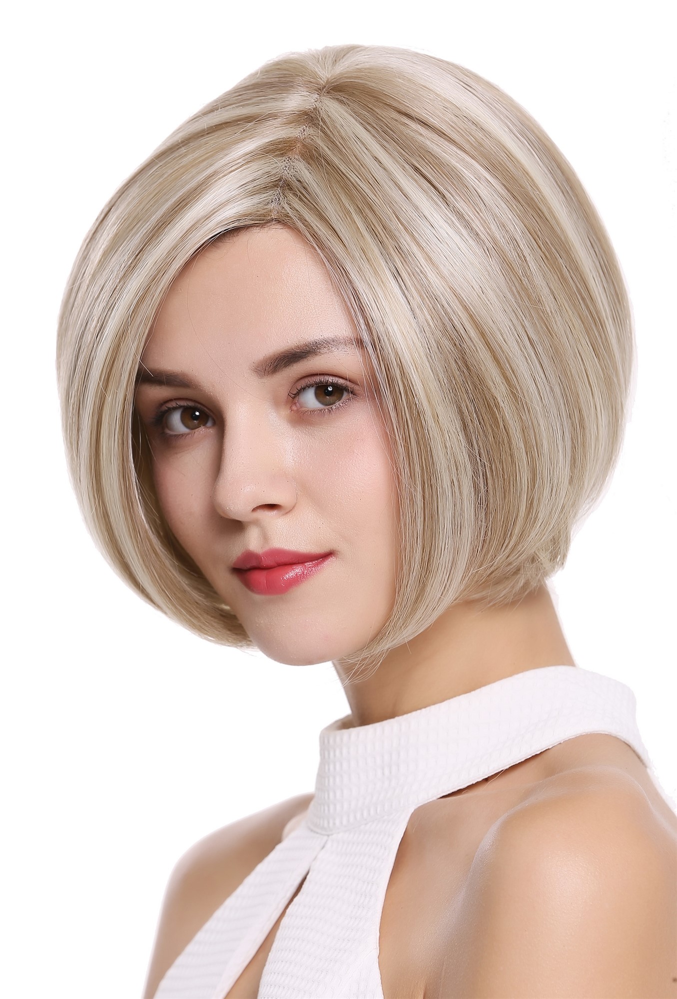 glatte Tressen-Perücke mit Teil-Mono Oberkopf, Front-Lace und als Befestigung mit Klebeflächen Aschblond-Platinblond-Mix kurze Haare für Unisex