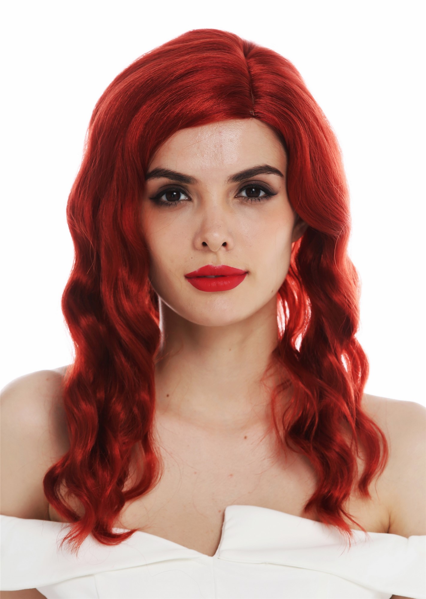 hochwertige Qualitätsperücken, Perücke lang Scheitel edel wellig gewellt rot Hollywood Diva VK-58-137, Vorderansicht, WIG ME UP: Ihr Perücken Online Shop wellige Tressen-Perücke mit Kopfhaut-Imitat Feuerrot schulterlange Haare für Damen