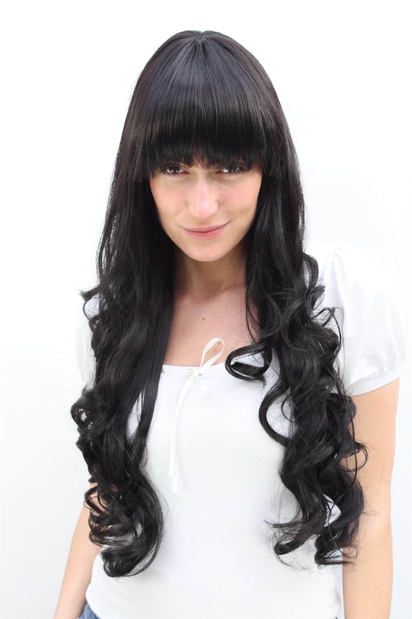 Lady wig very long straight with curled wavy tips bangs fringe off black 3116, front view, WIG ME UP: Your Perücken Online Shop Quality Wigs, Ladies, black-brown, curled, long