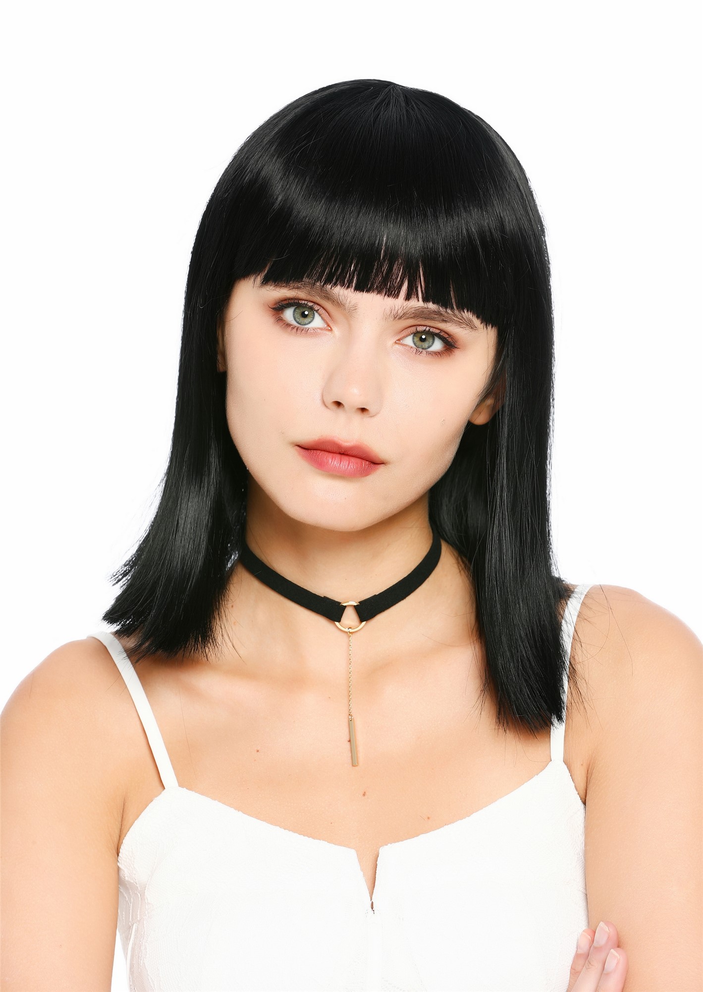 glatte Party-Perücke Tiefschwarz 35 cm lange Perücke für Damen