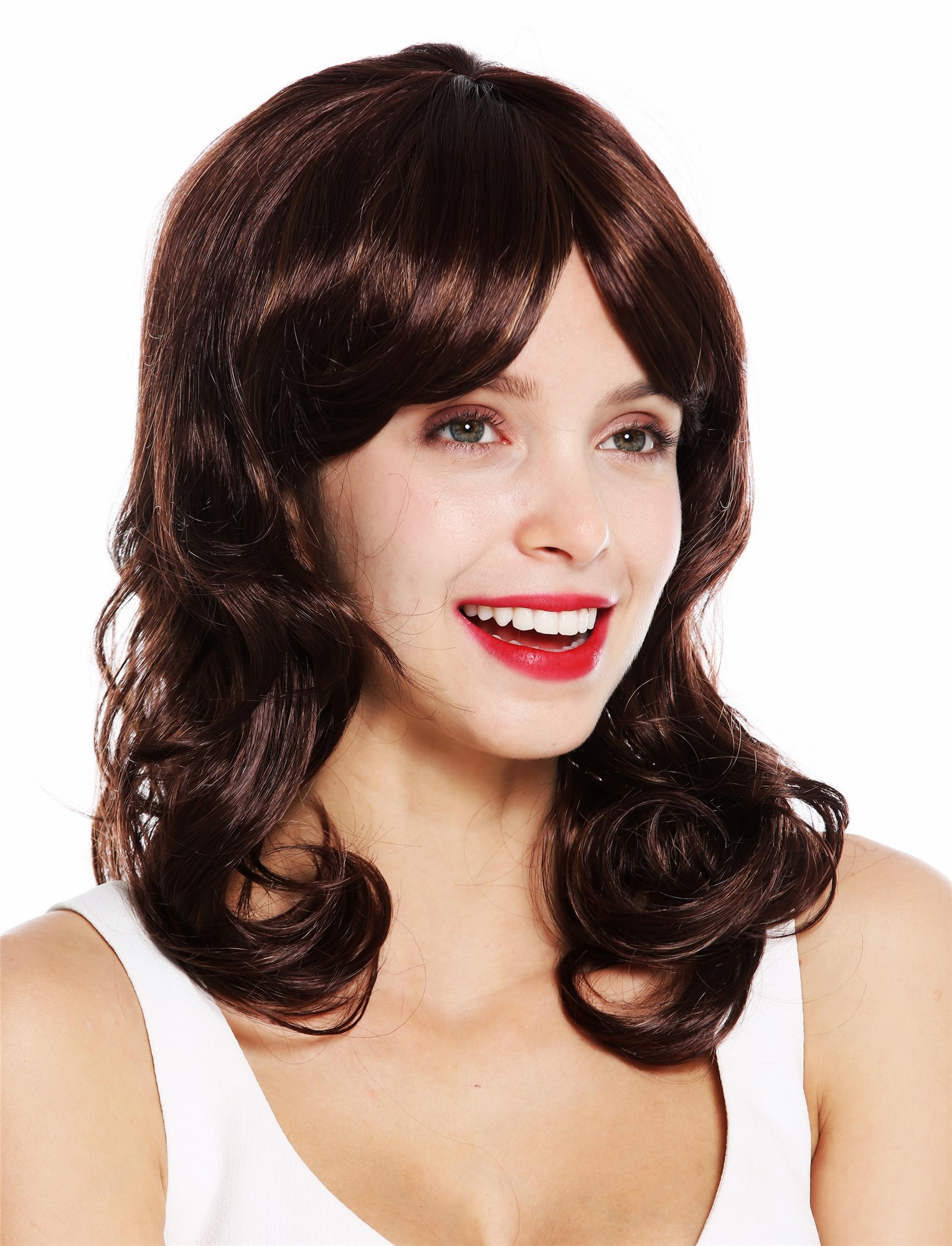 hochwertige Qualitätsperücken, Perücke lang Locken lockig Mahagoni Braun Strähnen Blond VK-52-33H27, Ansicht 2, WIG ME UP: Ihr Perücken Online Shop wellige Tressen-Perücke Braun-Blond-Mix schulterlange Haare für Damen