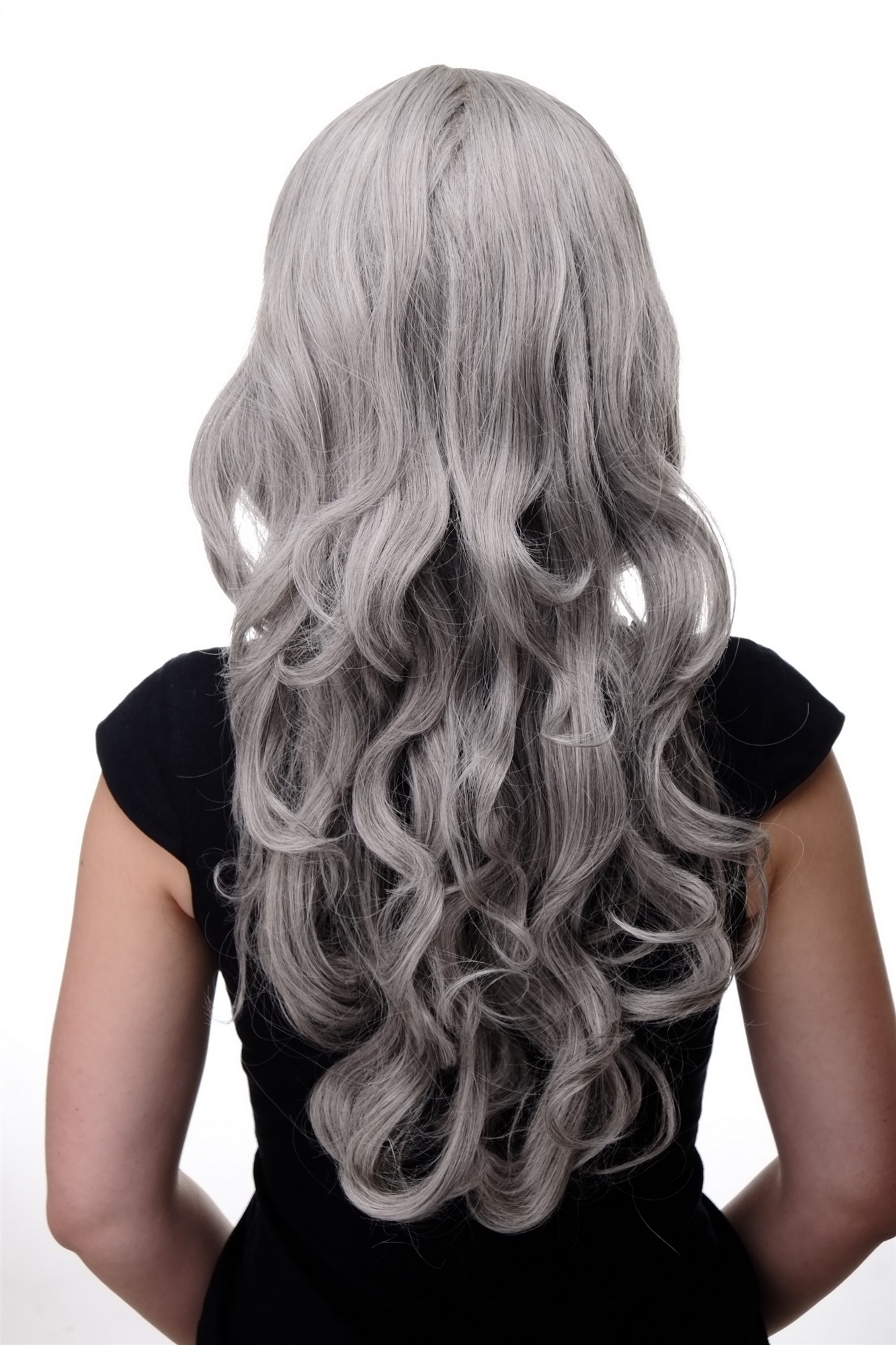 hochwertige Qualitätsperücken, Lange Damen Perücke mit großen kräftigen Locken Pony Grau Hellgrau-Mix 285-51, Ansicht 4, WIG ME UP: Ihr Perücken Online Shop lockige Tressen-Perücke mit Kopfhaut-Imitat Grau lange Haare für Damen