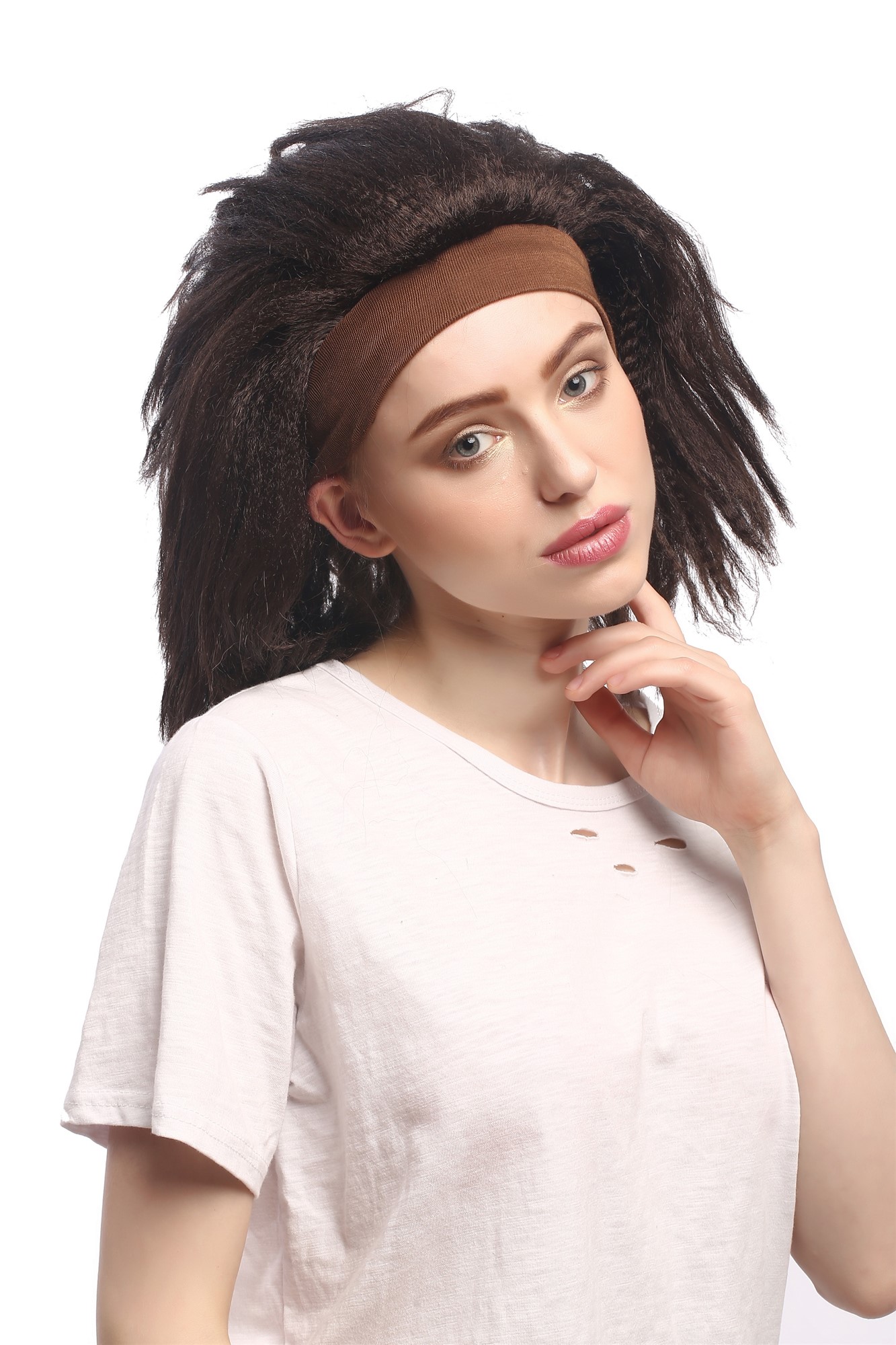 günstige Party Perücke, Perücke Latina Stirnband Schwarz Braun Gekreppt 91178-ZA2, Ansicht 3, WIG ME UP: Ihr Perücken Online Shop wellige Party Perücke Braun schulterlange Haare Unisex
