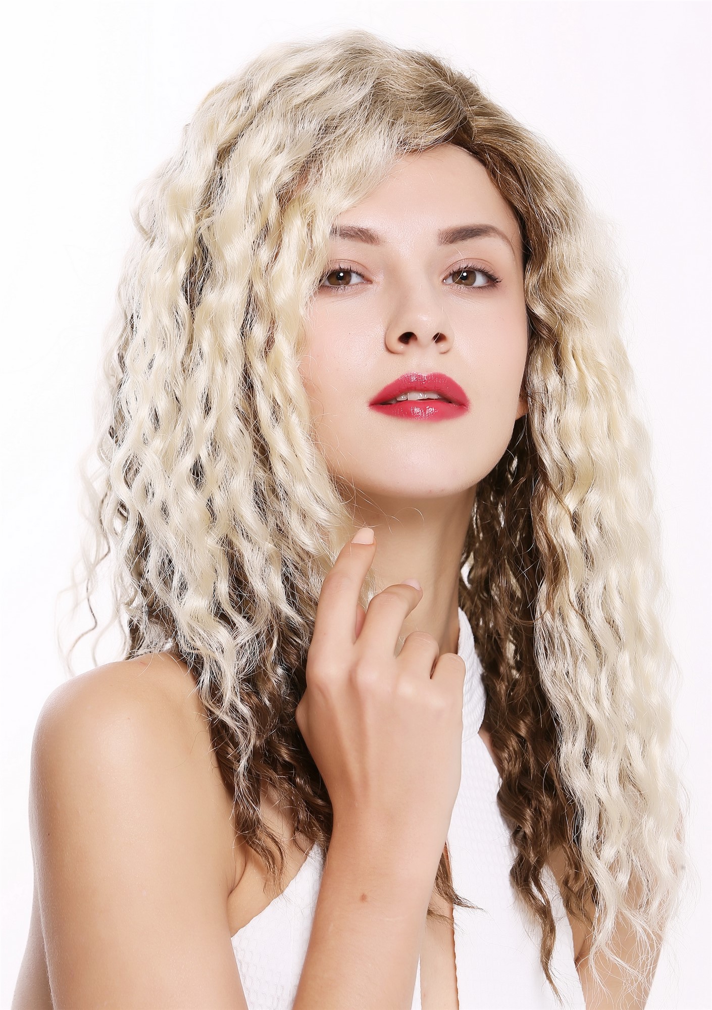 hochwertige Qualitätsperücken, Perücke Afro Locken gekreppt Seitenscheitel Ombre Braun Blond 803AD-12/613YS12, Ansicht 3, WIG ME UP: Ihr Perücken Online Shop lockige Tressen-Perücke mit Kopfhaut-Imitat Goldbraun-Platinblond-Mix lange Haare für Damen