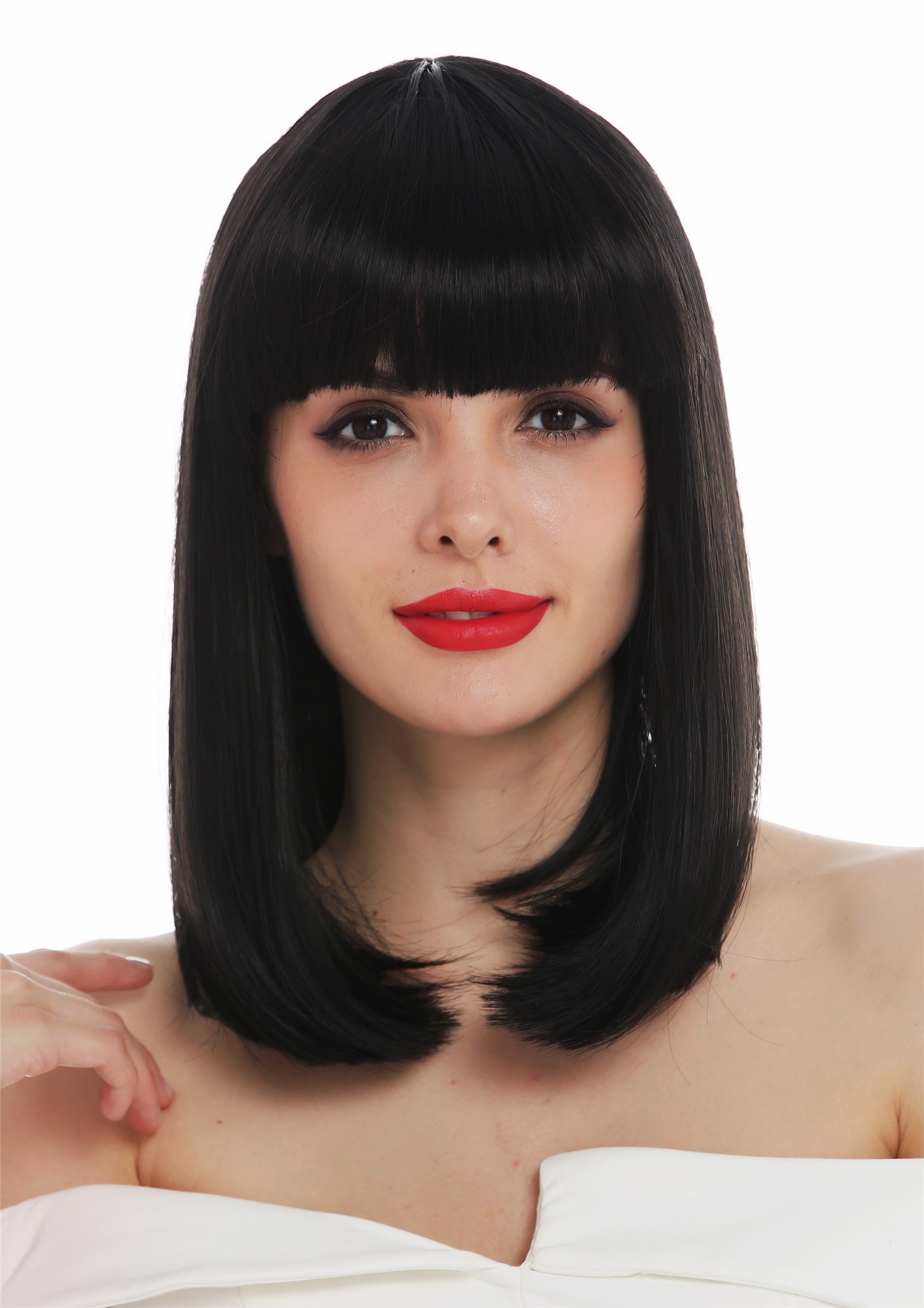 hochwertige Qualitätsperücken, Perücke schulterlang Clavi-Cut glatt Pony Schwarz VK-39-1B, Ansicht 2, WIG ME UP: Ihr Perücken Online Shop glatte Tressen-Perücke Samtschwarz schulterlange Haare für Damen