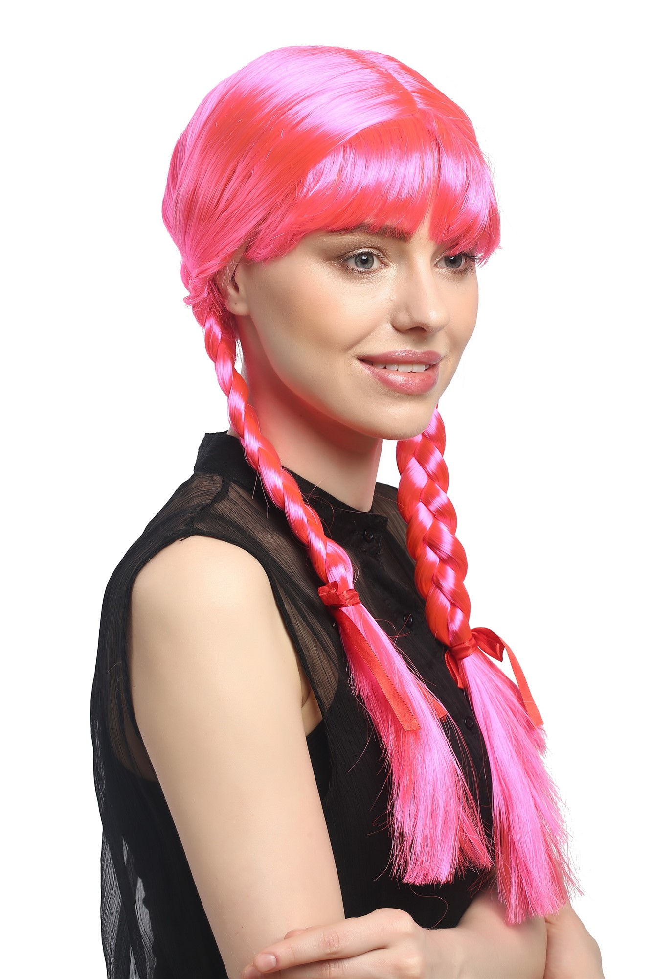 Lady Wig Halloween Lolita schoolgirl long braided plaits fringe pink XR-008, view 4, WIG ME UP: Your Perücken Online Shop Party Wig, Ladies, Pink, Braided, long