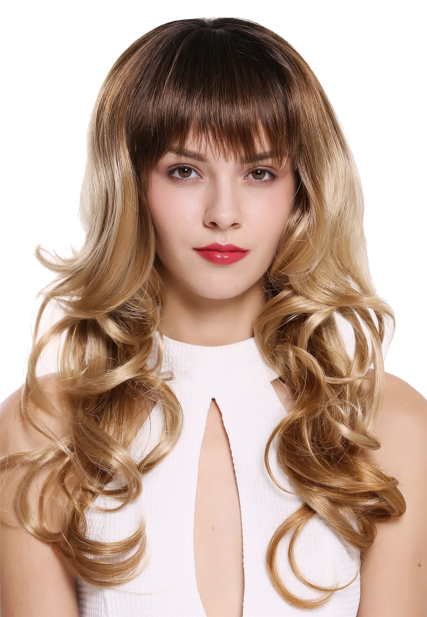 hochwertige Qualitätsperücken, Perücke Lang Locken Pony Ombre Braun Blond 1002A-Y-SC1911, Vorderansicht, WIG ME UP: Ihr Perücken Online Shop lockige Tressen-Perücke mit Kopfhaut-Imitat Dunkelbraun-Goldblond-Kupferblond lange Haare für Damen