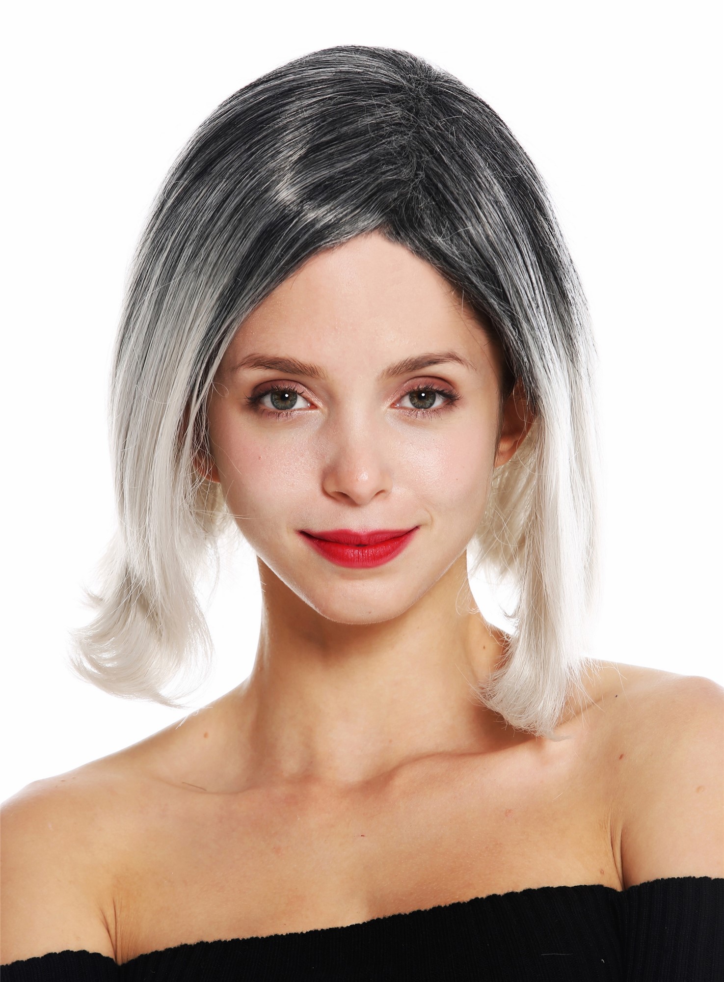 hochwertige Qualitätsperücken, Perücke kurz Scheitel Ombre Schwarz Grau GFW3131-silvergray+T1306+1, Ansicht 2, WIG ME UP: Ihr Perücken Online Shop glatte Tressen-Perücke Grau-Schwarz-Mix kurze Haare für Damen