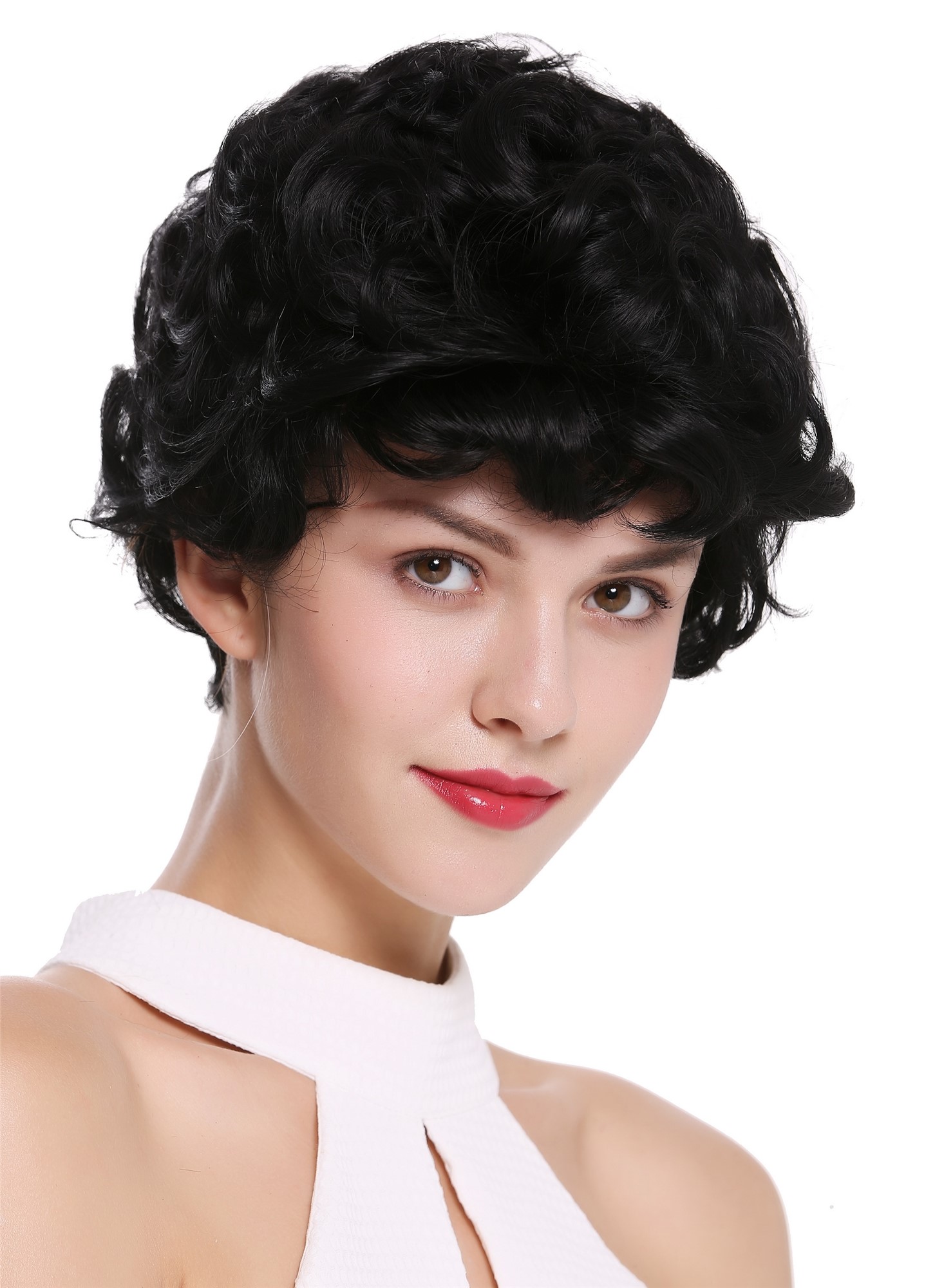 hochwertige Qualitätsperücken, Perücke kurz Locken gelockt Schwarz DW-2740-1, Ansicht 2, WIG ME UP: Ihr Perücken Online Shop lockige Tressen-Perücke Schwarz kurze Haare für Damen