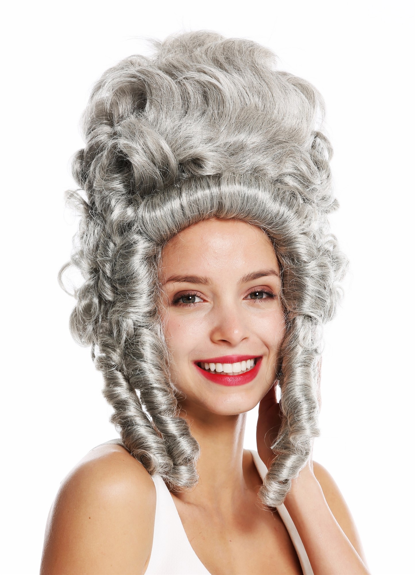 hochwertige Qualitätsperücken, Perücke Barock Pompadour Gräfin Grau VK-38-51, Ansicht 3, WIG ME UP: Ihr Perücken Online Shop lockige Tressen-Perücke Silbergrau-Schwarz-Mix schulterlange Haare für Damen