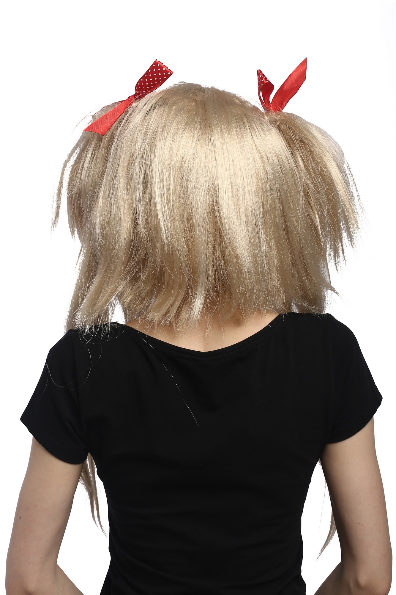 Lady Party Wig Halloween Fancy Dress blond wild voluminous Lolita style pigtails with red ribbons, view 3, WIG ME UP: Your Perücken Online Shop Party Wig, Ladies, Blonde, straight, long