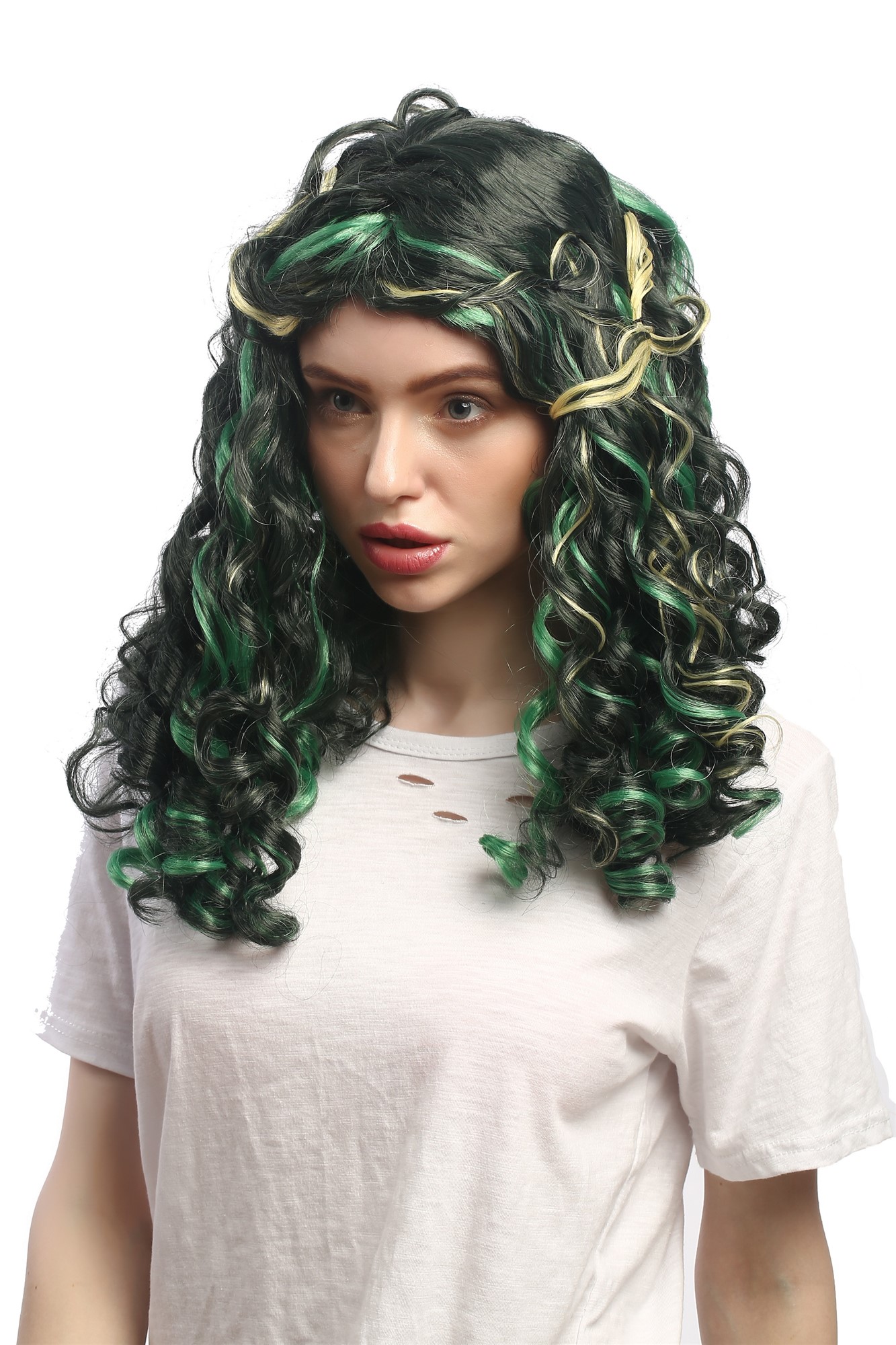 Lady Party Wig Fancy Dress Cosplay Mermaid green blond strands baroque coils curls middle parting, view 4, WIG ME UP: Your Perücken Online Shop Party Wig, Unisex, Green, curled, shoulder-length
