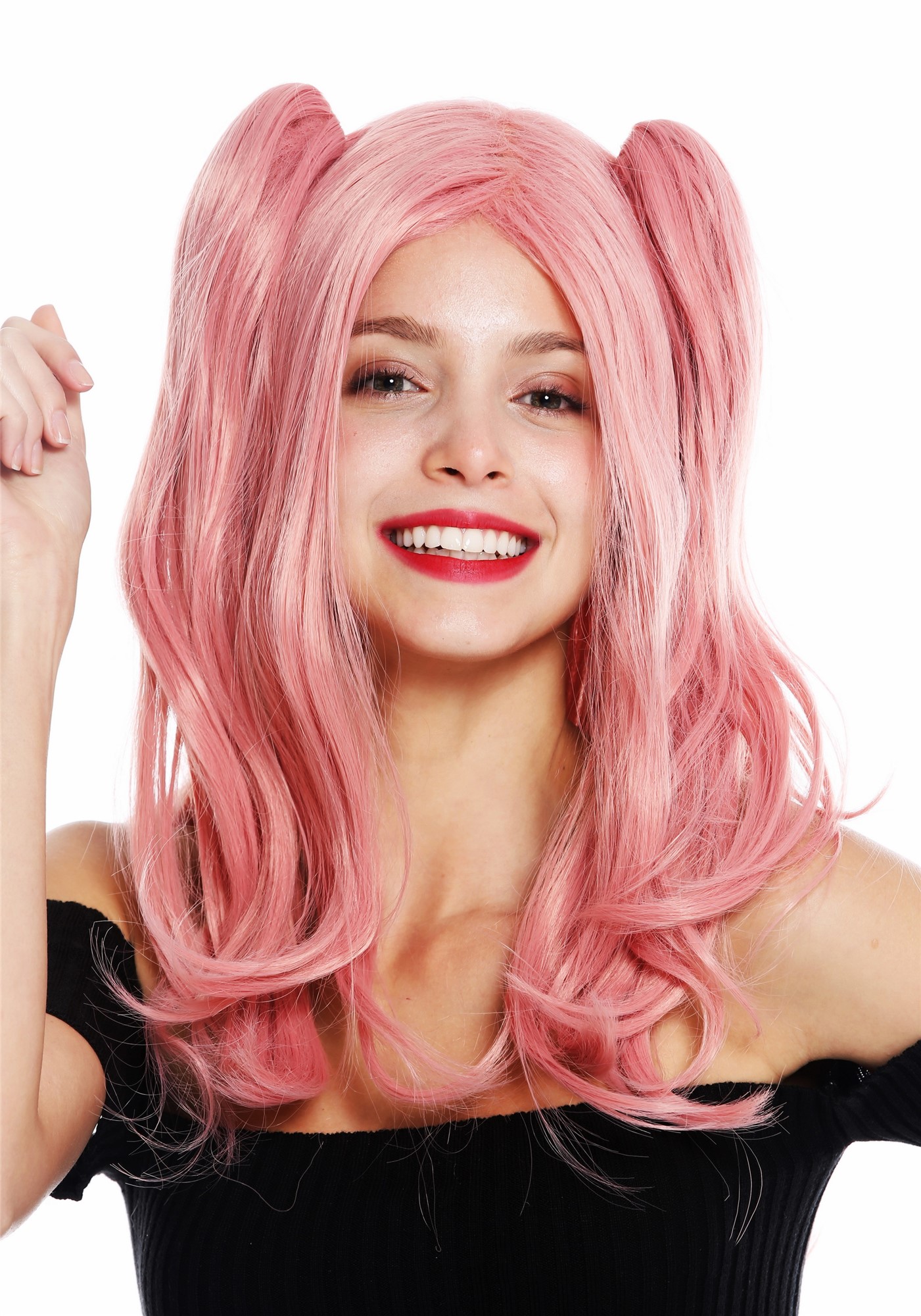 hochwertige Qualitätsperücken, Perücke Cosplay lang Zöpfe Rosa Lolita GFW3156A-T2312, Vorderansicht, WIG ME UP: Ihr Perücken Online Shop glatte Tressen-Perücke Pastellrosa lange Haare für Damen