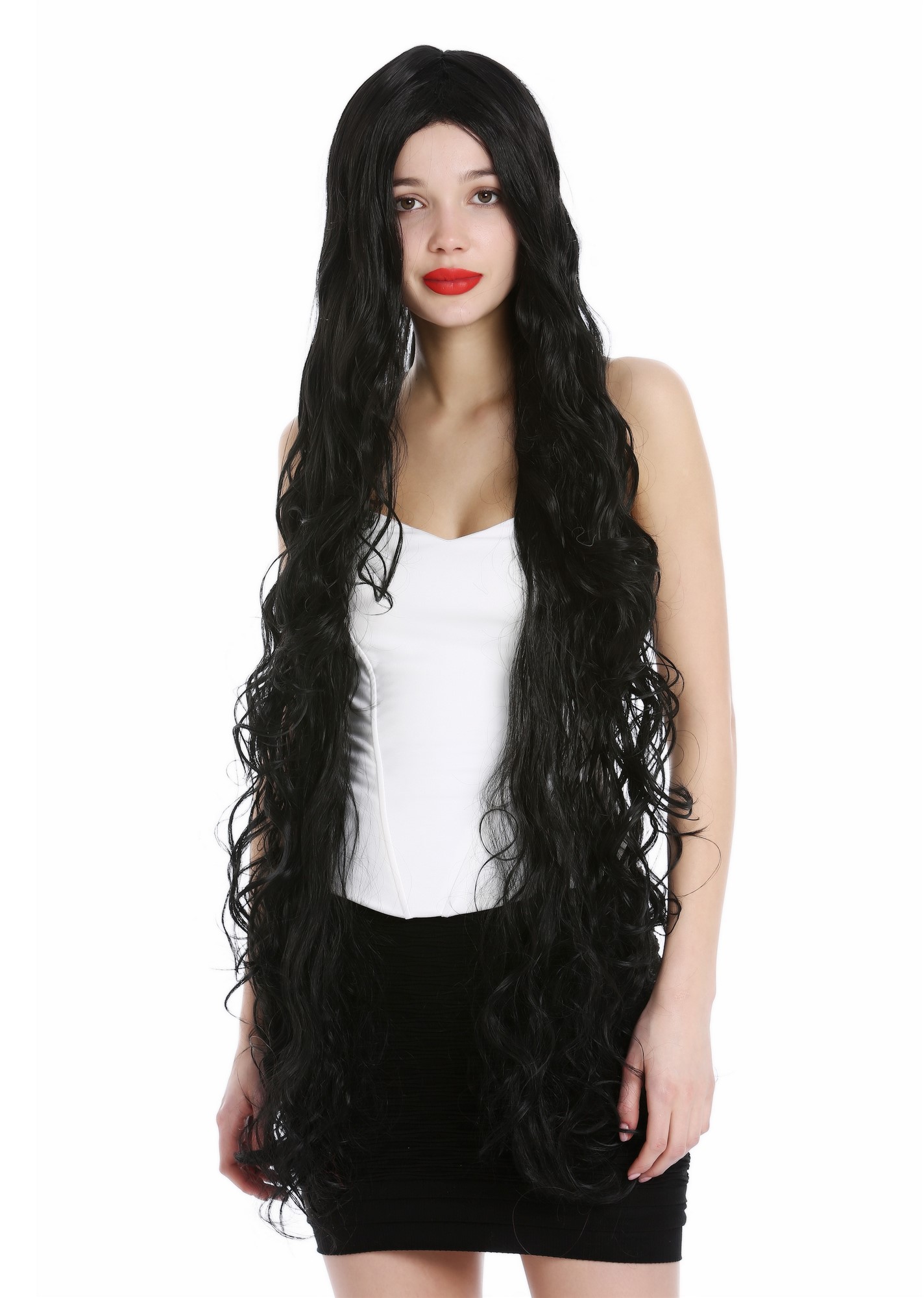 Lady wig extremely long wavy to slightly curled curls middle parting black VK-40, front view, WIG ME UP: Your Perücken Online Shop Quality Wigs, Ladies, velvet black, wavy, very long