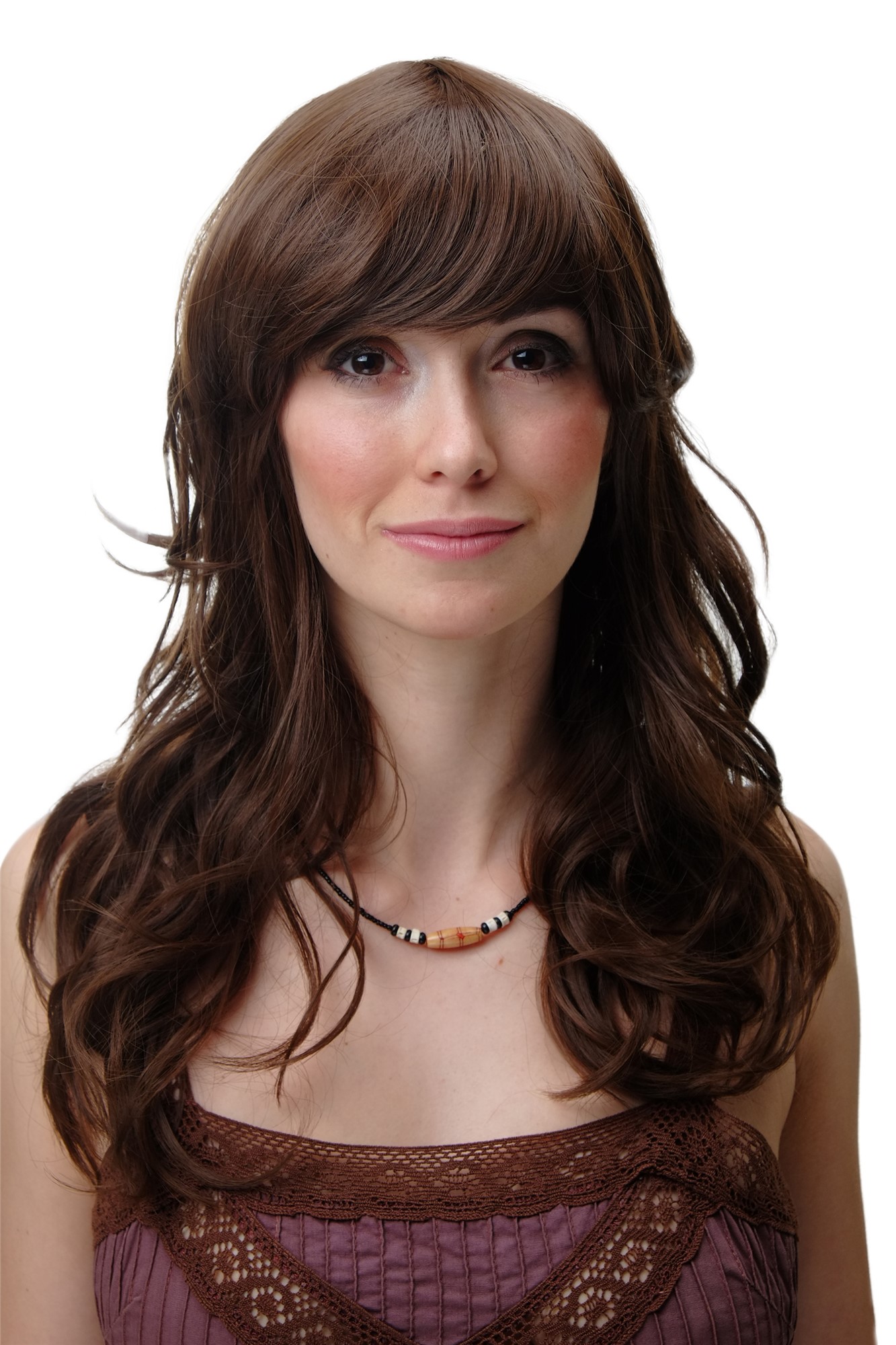 hochwertige Qualitätsperücken, Perücke lang Locken Pony braun YZF-41054-8, Vorderansicht, WIG ME UP: Ihr Perücken Online Shop lockige Tressen-Perücke mit Kopfhaut-Imitat Mittel-Aschbraun lange Haare für Damen