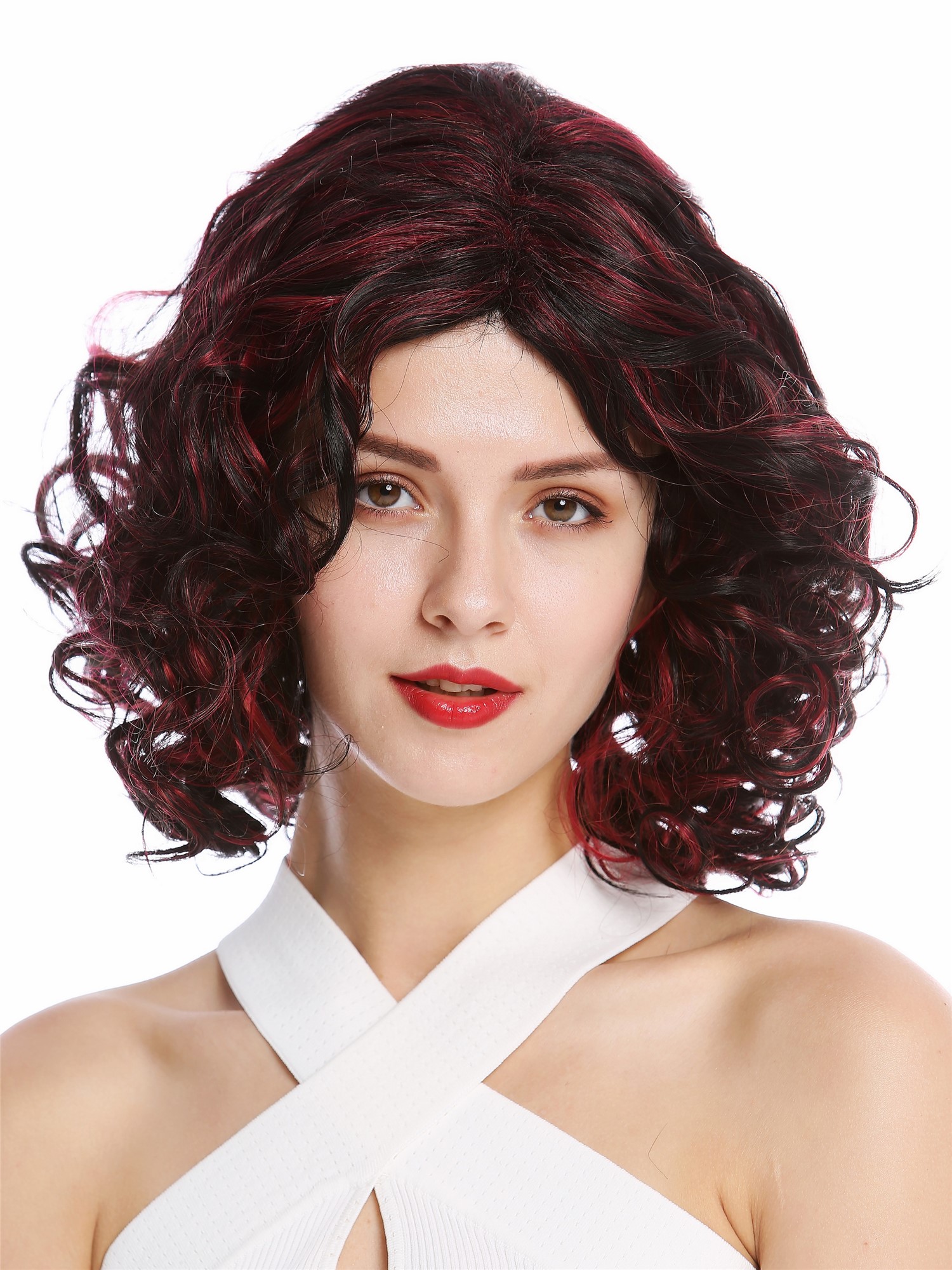 hochwertige Qualitätsperücken, Perücke schulterlang Locken Scheitel Schwarz Rot Gesträhnt GFW2128-1H139, Ansicht 2, WIG ME UP: Ihr Perücken Online Shop lockige Tressen-Perücke Schwarz-Rot-Mix schulterlange Haare für Damen