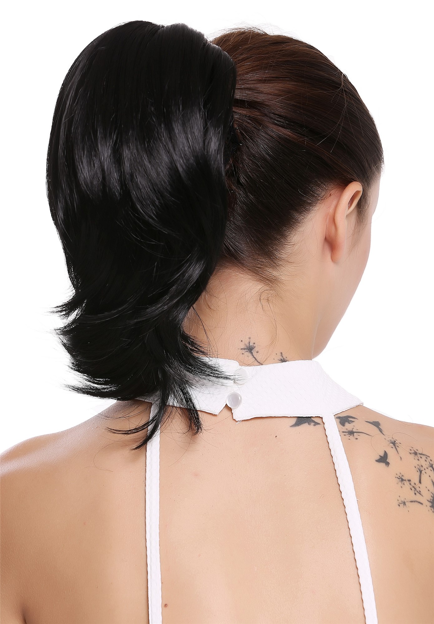 Ponytail Hairpiece Extensions short straight voluminous deep black 15-09, front view, WIG ME UP: Your Perücken Online Shop Ponytails, Black, straight, short