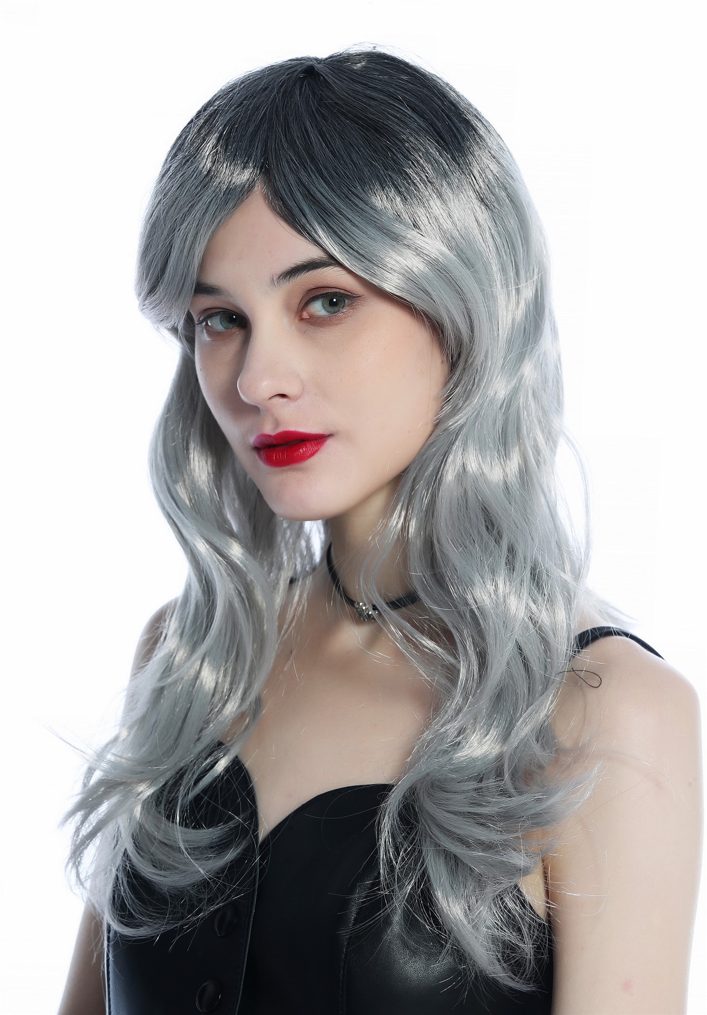 Long Wavy Lady Wig Halloween Carnival Ombre colour black to silver grey 21014, view 5, WIG ME UP: Your Perücken Online Shop Party Wig, Ladies, Black gradient in silver gray, wavy, long