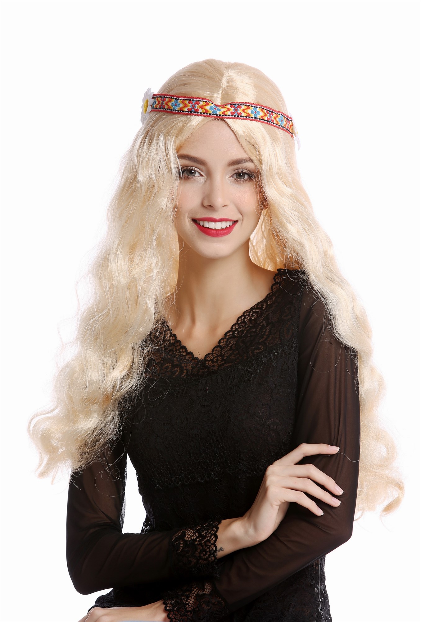 günstige Party Perücke, Perücke Stirnband Hippie lang blond 91298-ZA02, Ansicht 2, WIG ME UP: Ihr Perücken Online Shop wellige Party Perücke Blond lange Haare Unisex