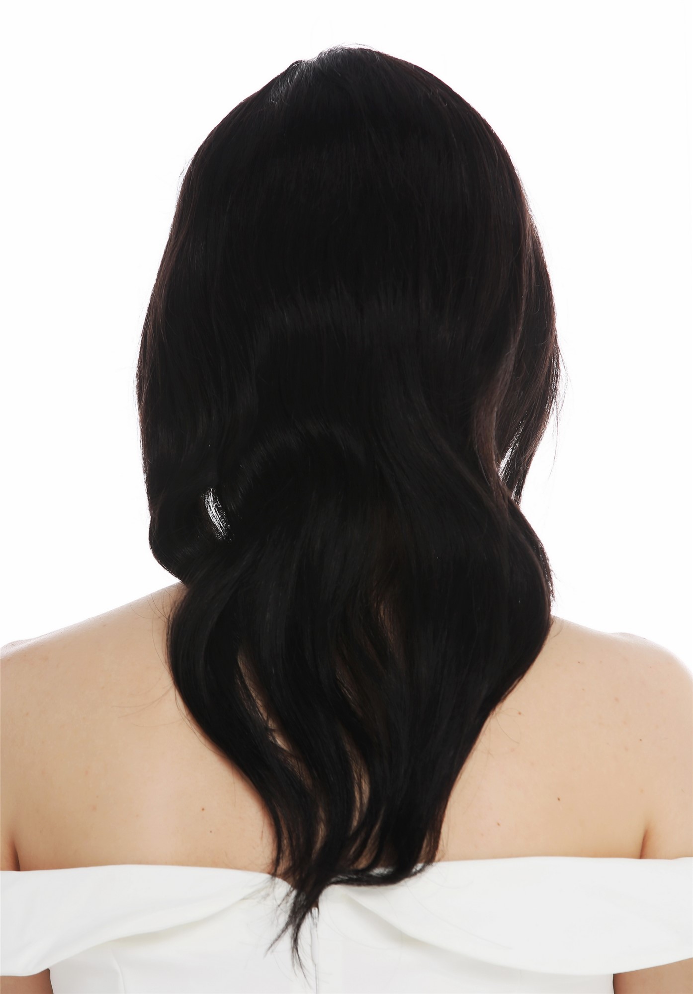 hochwertige Qualitätsperücken, Perücke Echthaar Monofilament lang wellig schwarz PATY-HH-MT-1B, Ansicht 6, WIG ME UP: Ihr Perücken Online Shop wellige Tressen-Perücke mit Klebeflächen Echthaar Samtschwarz schulterlange Haare für Damen