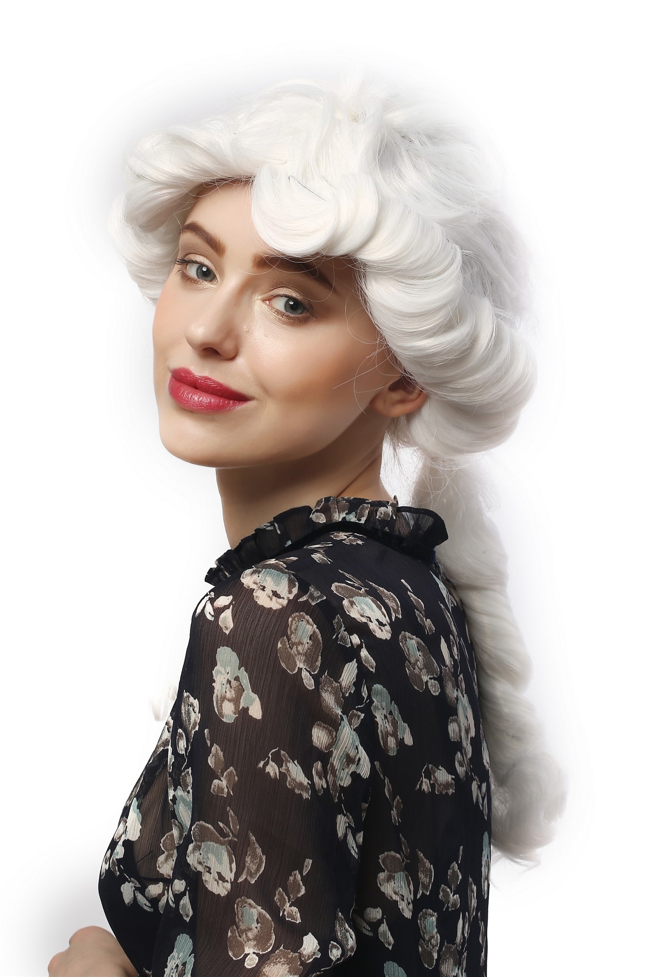 Lady Party Wig historic Baroque Renaissance Victorian romantic look curly coiling ponytail white, front view, WIG ME UP: Your Perücken Online Shop Party Wig, Unisex, White, curled, long