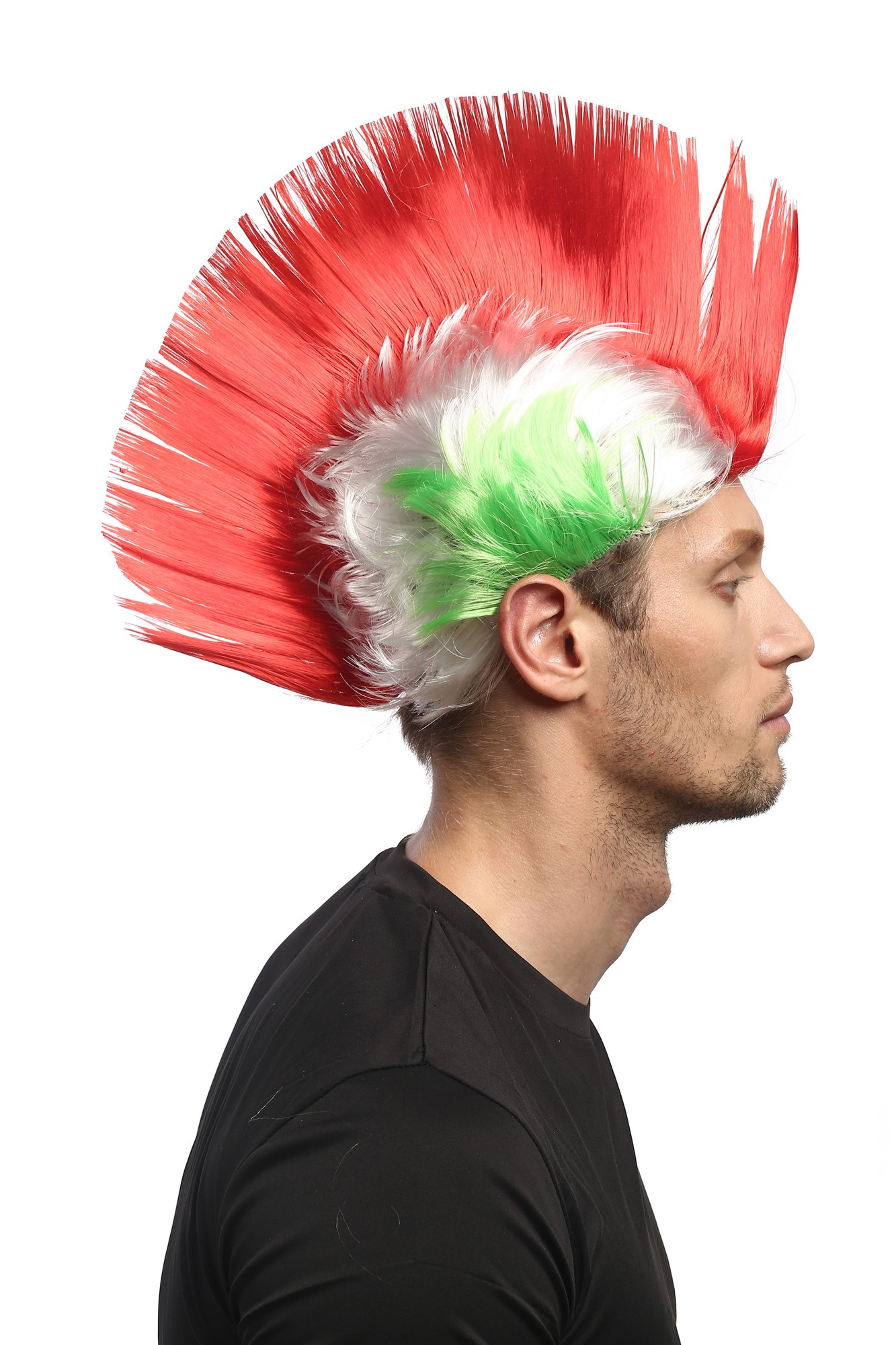 Wig Ladies Men Halloween Carnival green white red spiky Soccer fan mohawk Italy, front view, WIG ME UP: Your Perücken Online Shop Party Wig, Unisex, Red, White, Green, straight, short