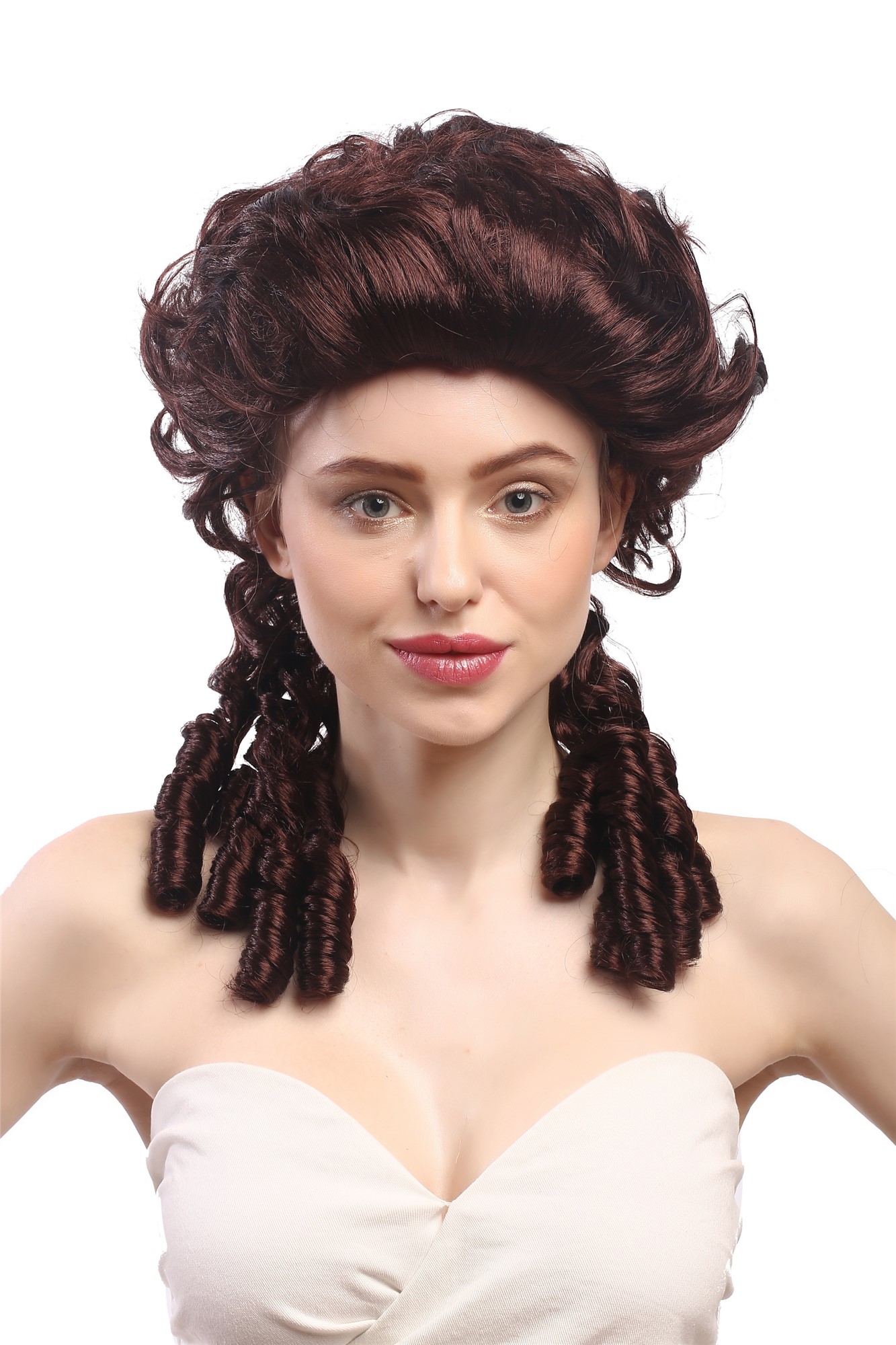 günstige Party Perücke, Perücke Barock Spirallocken Toupiert Braun DH1009-ZA30, Vorderansicht, WIG ME UP: Ihr Perücken Online Shop lockige Party Perücke Braun schulterlange Haare für Damen