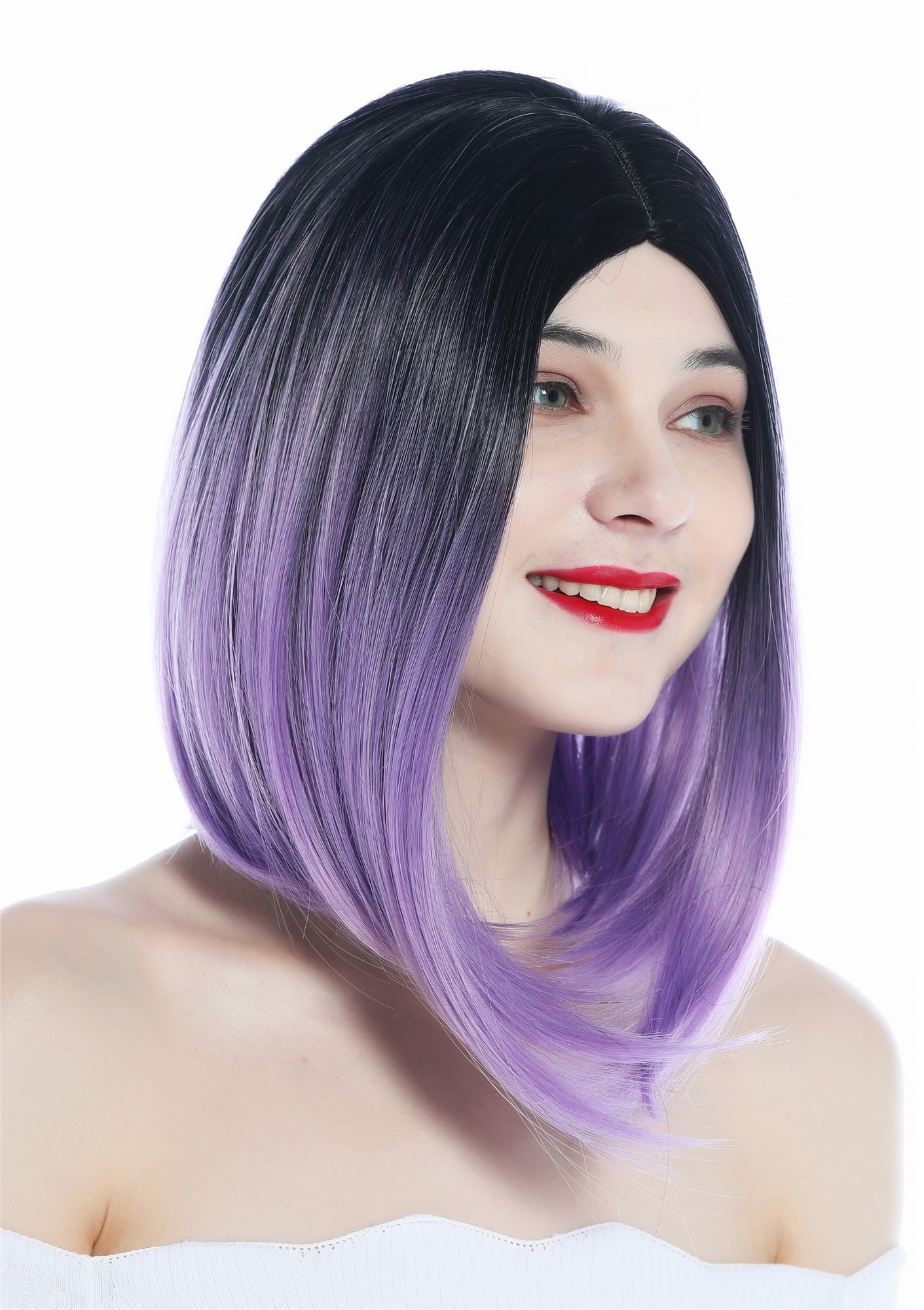 hochwertige Qualitätsperücken, Perücke kurz Longbob Clavi-Cut Ombre Schwarz Lila Mittelscheitel SZL0700-1B/3834, Vorderansicht, WIG ME UP: Ihr Perücken Online Shop glatte Tressen-Perücke mit Kopfhaut-Imitat Schwarz-Lila-Verlauf schulterlange Haare für Damen