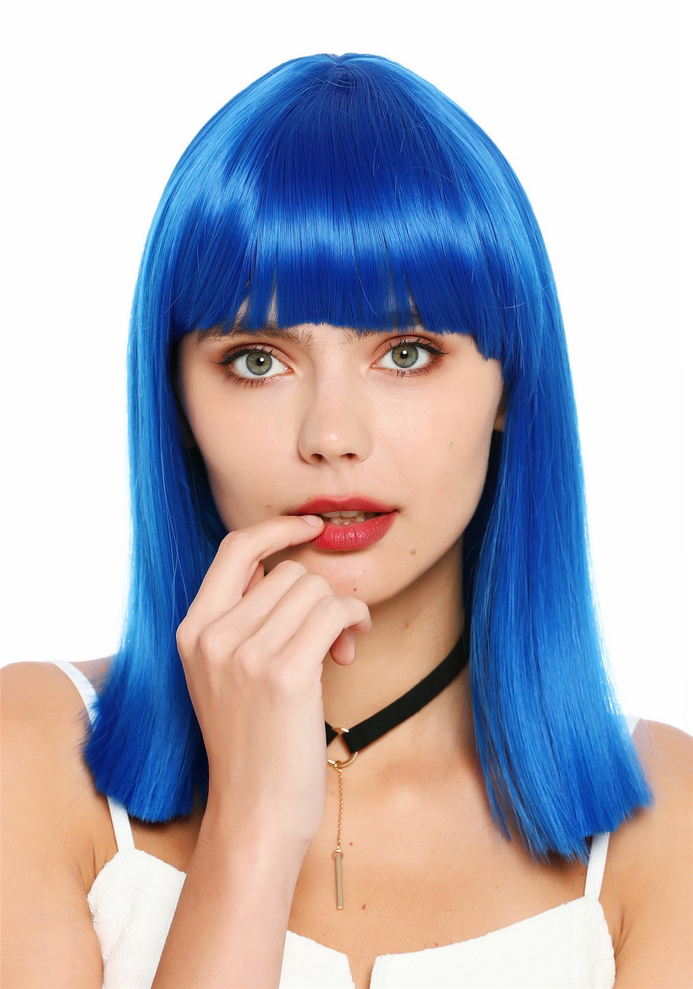 Damenperücke schulterlang blunt cut glatt breiter Pony Disco Blau SZL1498-DHT2517