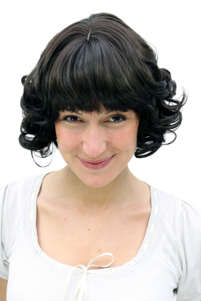 hochwertige Qualitätsperücken, Perücke dunkelbraun Locken kurz superniedlicher Look A18C-4, Vorderansicht, WIG ME UP: Ihr Perücken Online Shop lockige Tressen-Perücke mit Kopfhaut-Imitat Braun kurze Haare für Damen