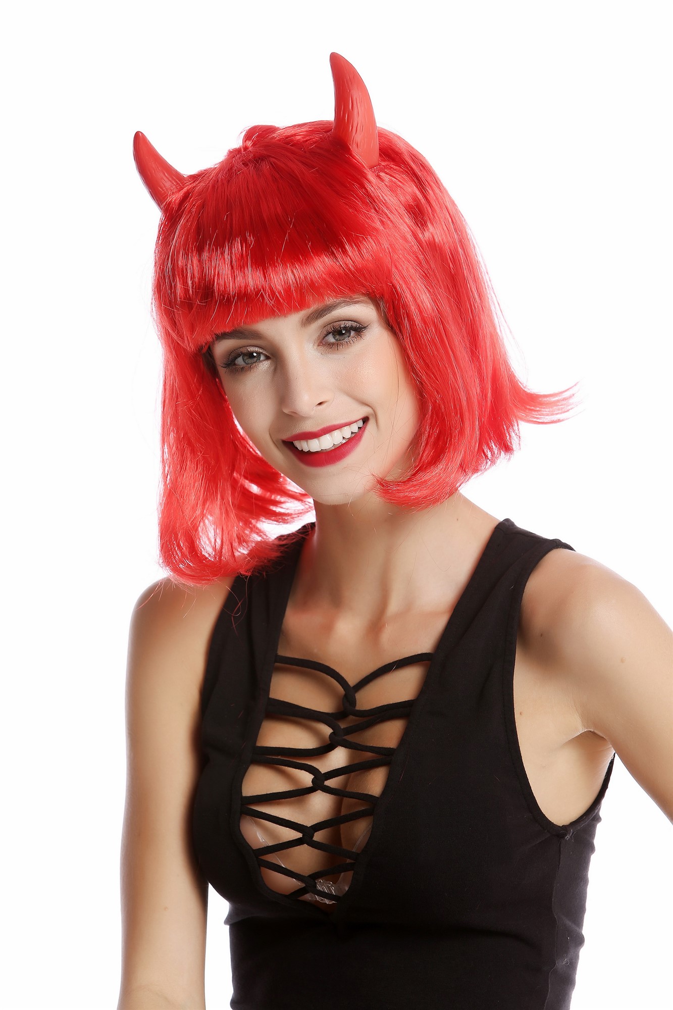 91421-ZA13 Wig Lady Women Halloween She-Devil Demon Devil Longbob Bob Horns red, front view, WIG ME UP: Your Perücken Online Shop Party Wig, Ladies, Red, straight, short