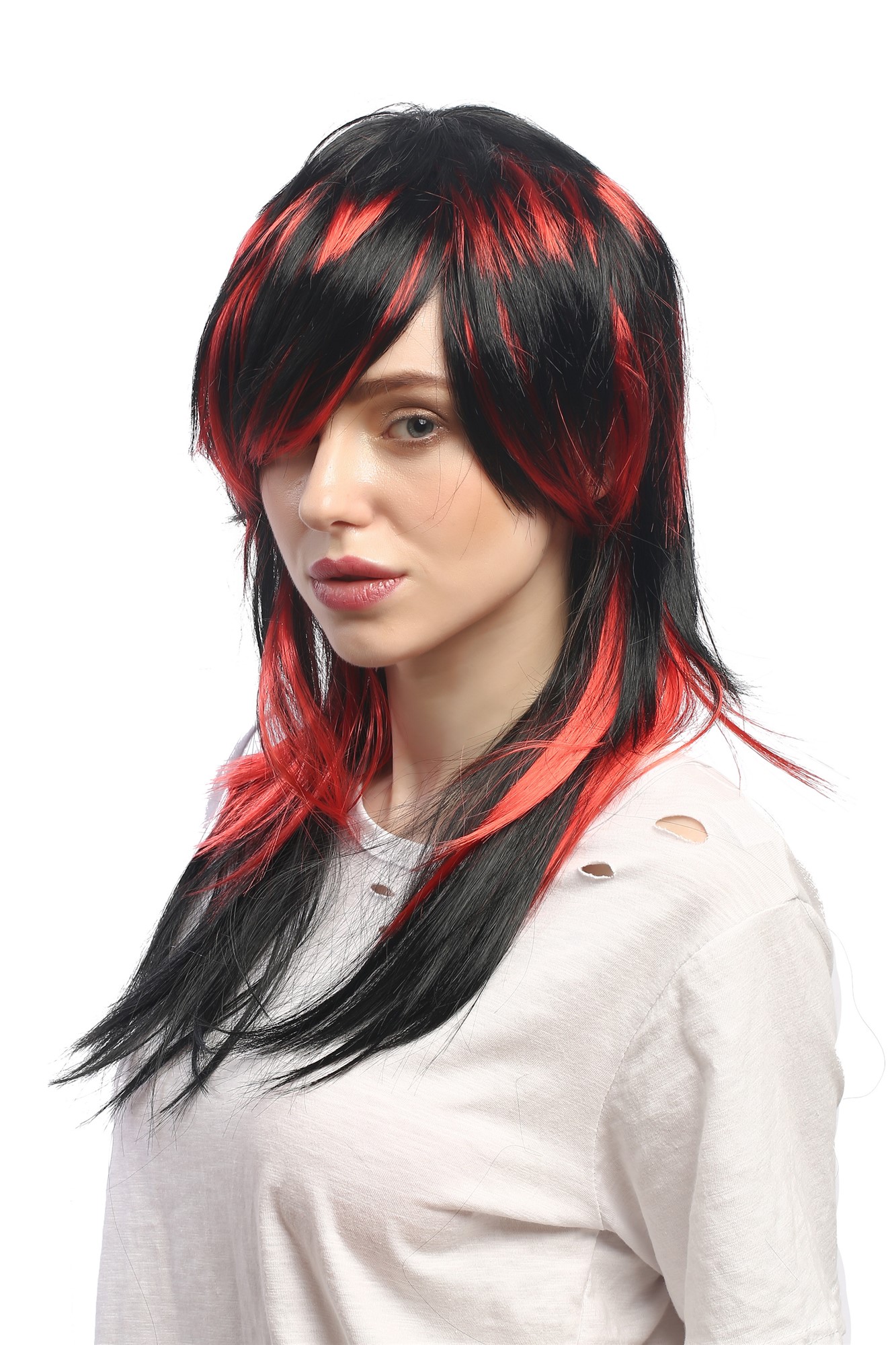Lady Party Wig Cosplay sexy Emo witch She-Devil vampire black red strands long straight Goth Punk, front view, WIG ME UP: Your Perücken Online Shop Party Wig, Ladies, Red, Black, straight, long
