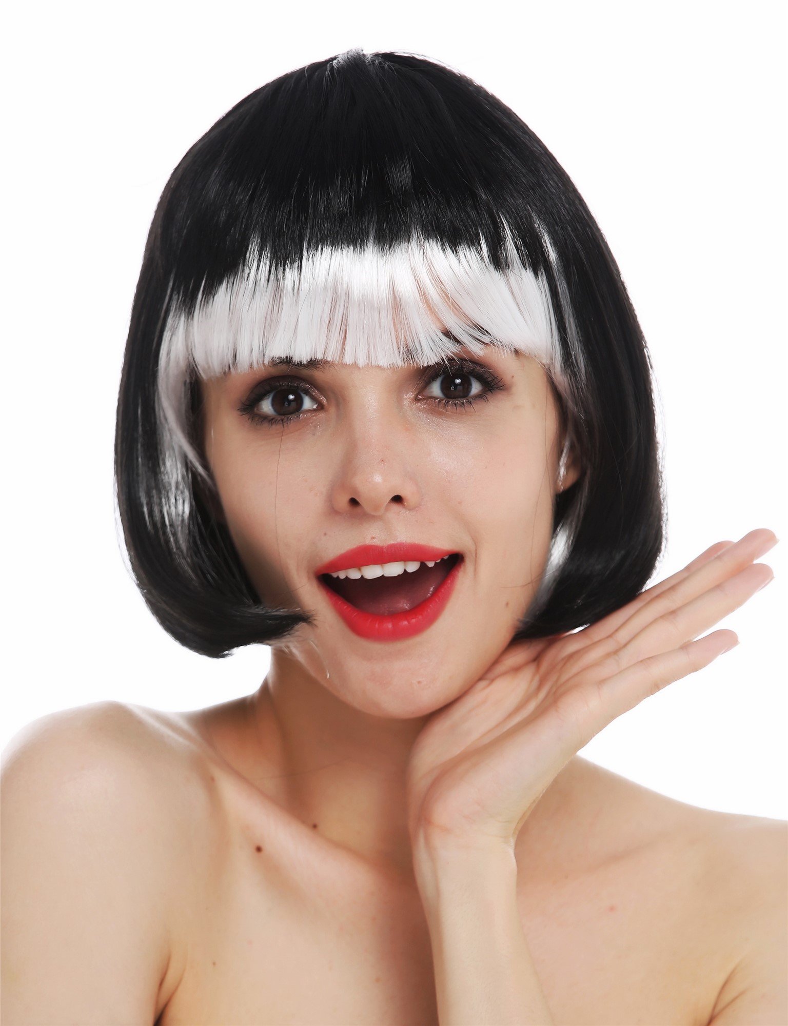 günstige Party Perücke, Perücke Bob schwarz Pony weiß 74023-P103-68, Ansicht 2, WIG ME UP: Ihr Perücken Online Shop glatte Party Perücke Tiefschwarz-Weiß-Mix kurze Haare für Damen