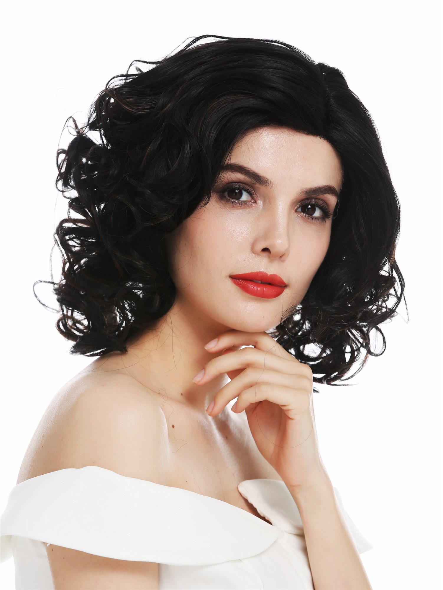 hochwertige Qualitätsperücken, Perücke Lace-Front Teil-Mono schulterlang Locken Schwarz Kupferbraun ALI-MF, Vorderansicht, WIG ME UP: Ihr Perücken Online Shop lockige Tressen-Perücke mit Front-Lace Schwarz-Braun-Mix kurze Haare für Damen