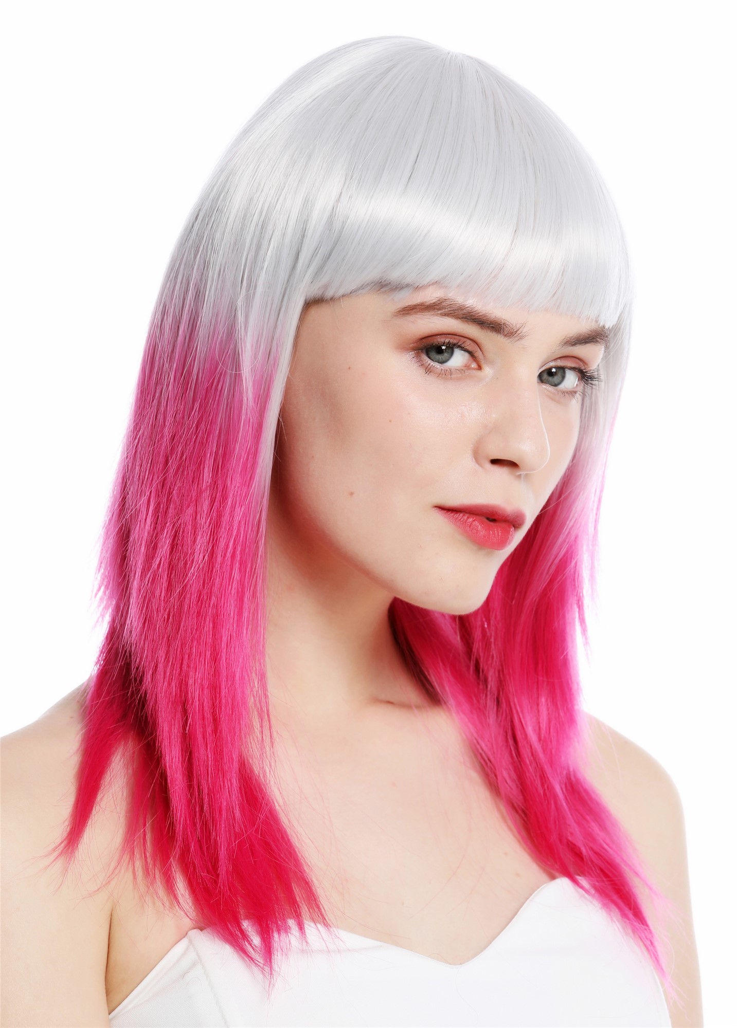 hochwertige Qualitätsperücken, Perücke lang glatt Pony Ombre Grau Rosa 8967-8CR60, Vorderansicht, WIG ME UP: Ihr Perücken Online Shop glatte Tressen-Perücke mit Kopfhaut-Imitat Grau-Rosa-Mix lange Haare für Damen