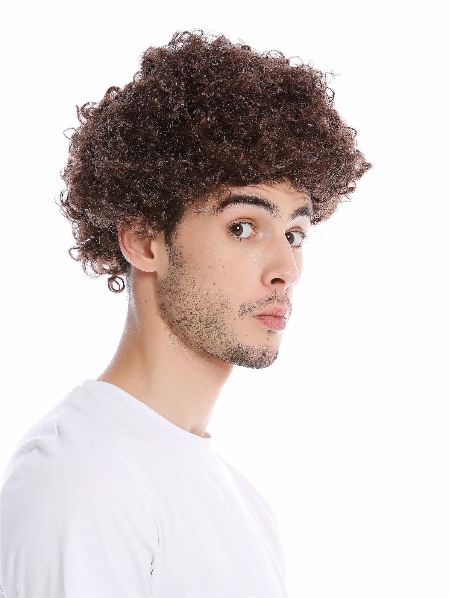Wig Men Women Halloween Fool Foolish frizzy curls curled short afro brown PW0186, front view, WIG ME UP: Your Perücken Online Shop Party Wig, Unisex, Brown, curled, short