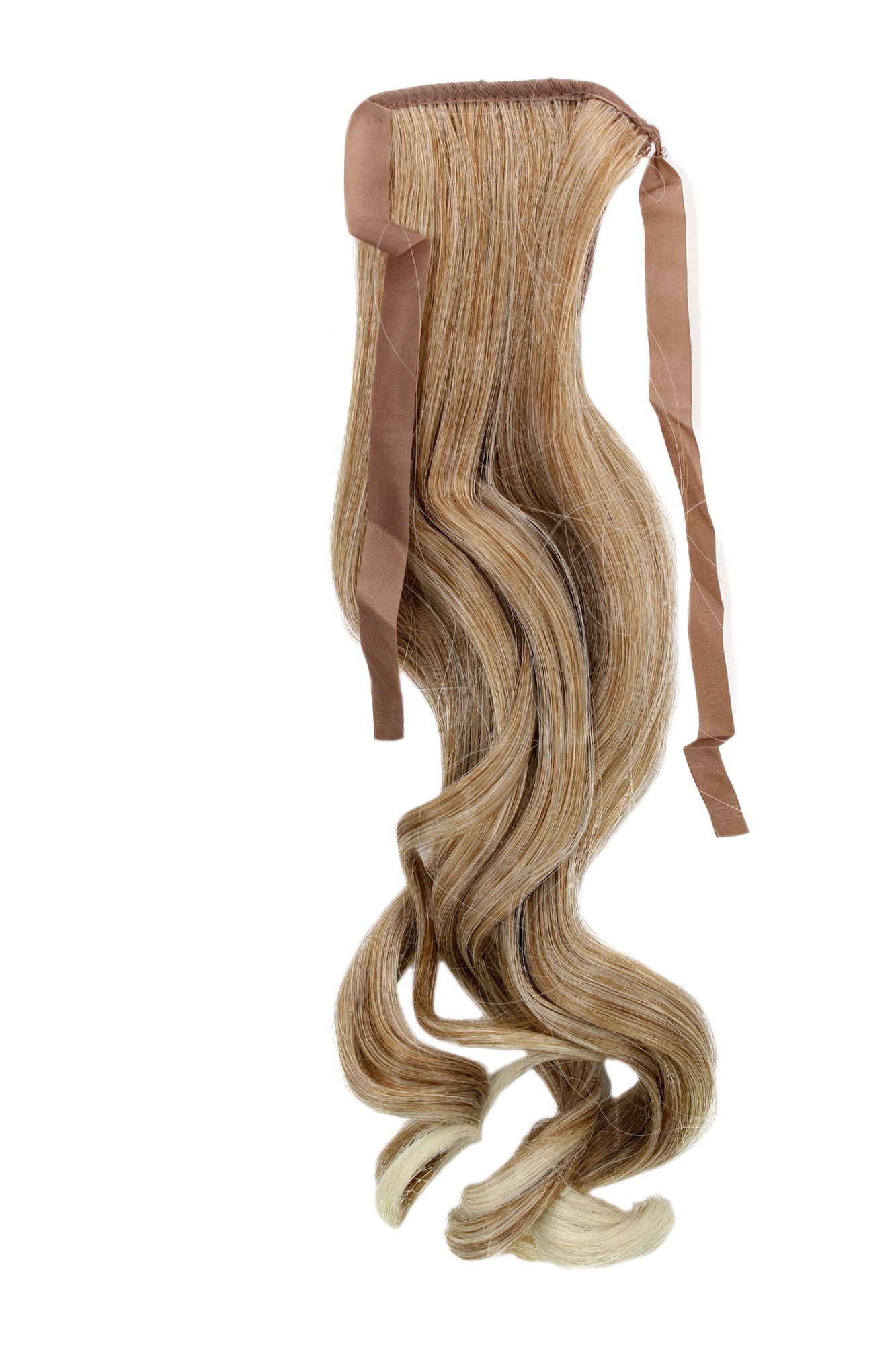 YZF-TC18-27T613 Hairpiece Pontail Pigtail extension slim light wavy comb and ribbon strawberry blond mix streaked platinum highlights 18", front view, WIG ME UP: Your Perücken Online Shop Ponytails, copper-light-blonde mix, wavy, shoulder-length