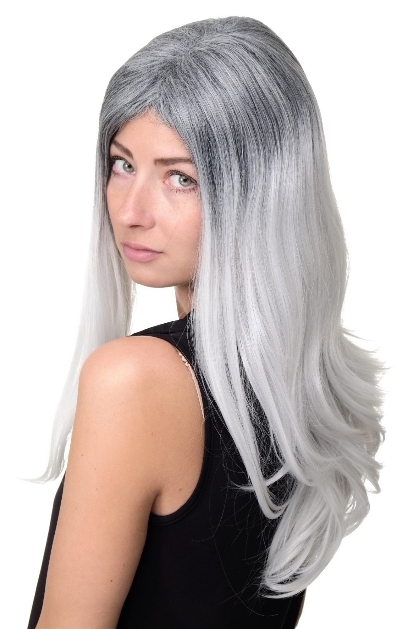 Awesome Lady  Wig long straight hair black grey white ombre middle parting Emo Goth Cosplay, view 2, WIG ME UP: Your Perücken Online Shop Quality Wigs, Ladies, white-gray-black-gray, straight, long