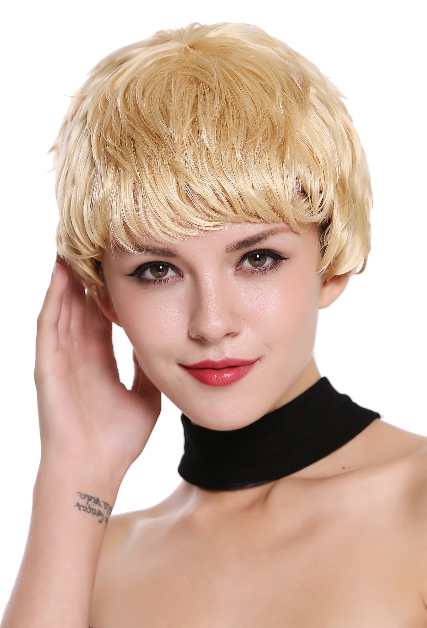 hochwertige Qualitätsperücken, Echthaar Perücke kurz strähnig Platinblond RGH-5938A-HH-613, Vorderansicht, WIG ME UP: Ihr Perücken Online Shop wellige Tressen-Perücke 100% Echthaar Hellblond kurze Haare für Damen