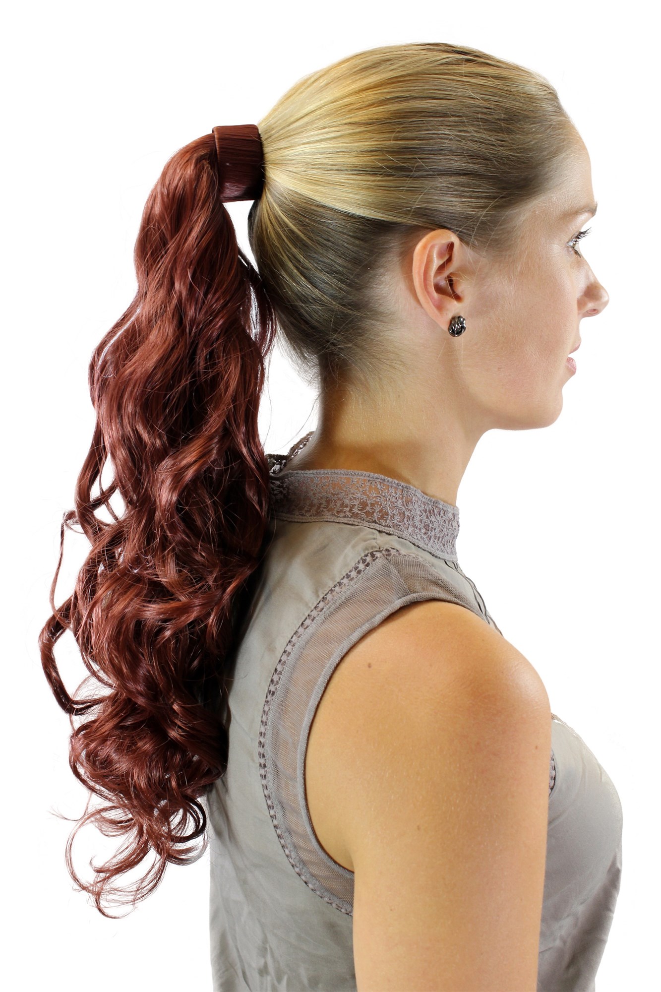 hochwertiges Haarteil Zopf leicht gelockt Steckkamm & Haarreif Dunkelrot Rosy-35, Ansicht 3, WIG ME UP: Ihr Perücken Online Shop welliges Zopf-Haarteil Dunkelrot 45 cm lang