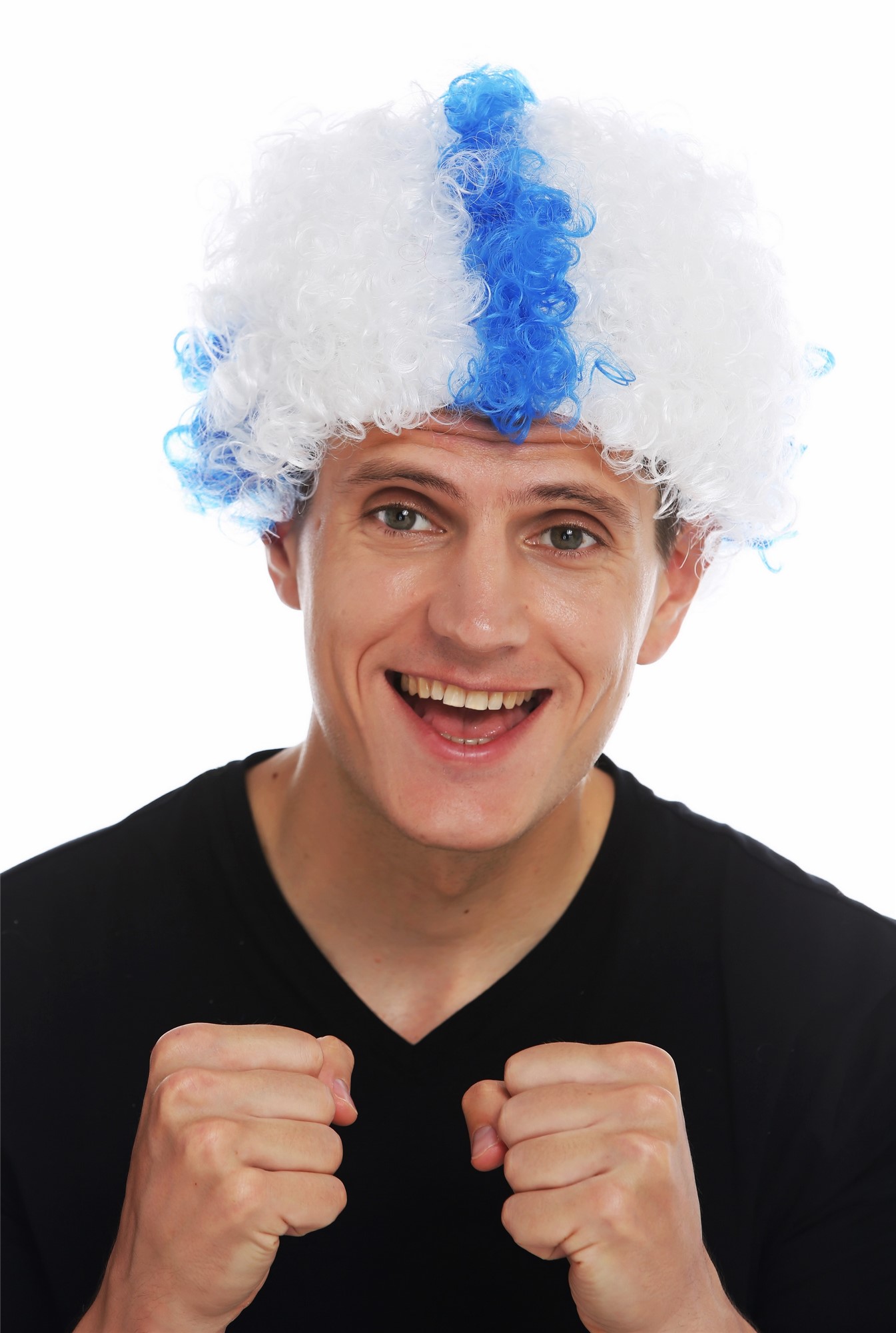 Wig afro soccer fan football Finland Suomi blue cross on white MMAM-15M , front view, WIG ME UP: Your Perücken Online Shop Party Wig, Unisex, blue-white mix, curled, short