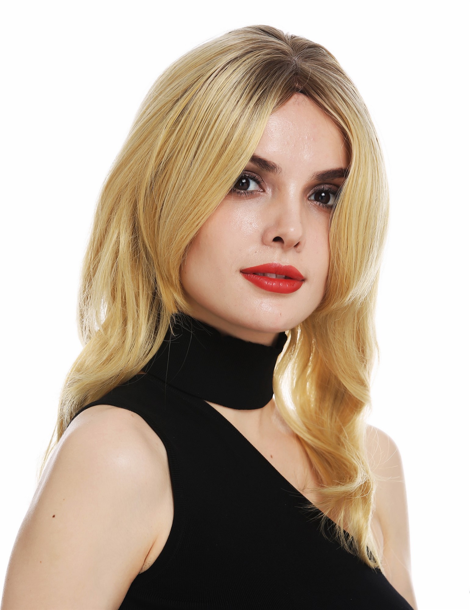hochwertige Qualitätsperücken, Perücke Monofilament mittellang glatt Scheitel Ombre Balayage Braun Blond CM-135-MT-613/24/144T8, Ansicht 5, WIG ME UP: Ihr Perücken Online Shop glatte Tressen-Perücke mit Teil-Mono Oberkopf Blond-Braun-Mix schulterlange Haare für Damen