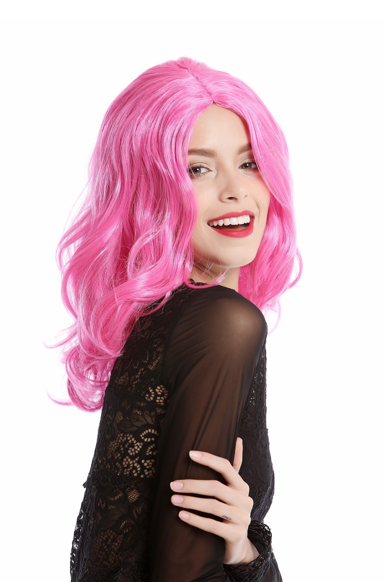 90831-ZAC5B Wig Ladies Women Halloween Carnival Cosplay pink middle parting shoulder length wavy, front view, WIG ME UP: Your Perücken Online Shop Party Wig, Ladies, Pink, wavy, shoulder-length