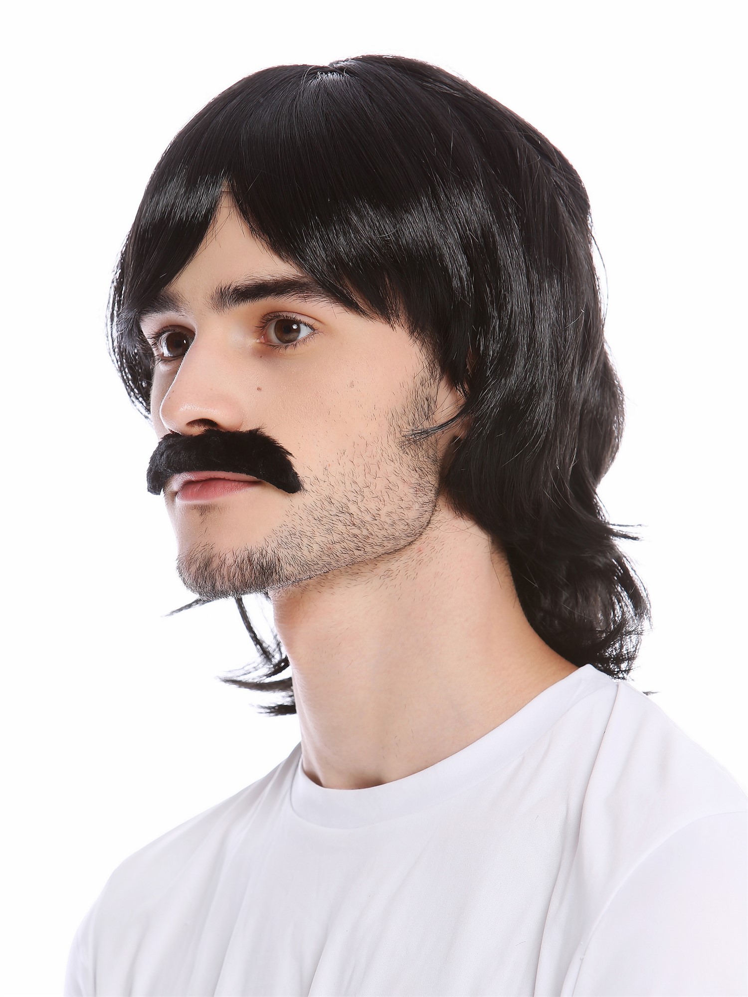 Wig & Mustache set Halloween Carnival long black 70s cop show 91105, view 3, WIG ME UP: Your Perücken Online Shop Party Wig, Men, Black, straight, shoulder-length