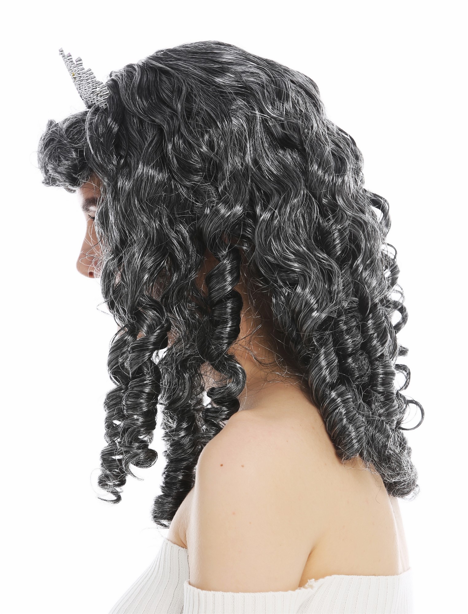 günstige Party Perücke, Perücke Königin Fee Prinzessin grau Locken Tiara 68840-P103-68, Ansicht 4, WIG ME UP: Ihr Perücken Online Shop lockige Party Perücke Dunkelgrau schulterlange Haare für Damen