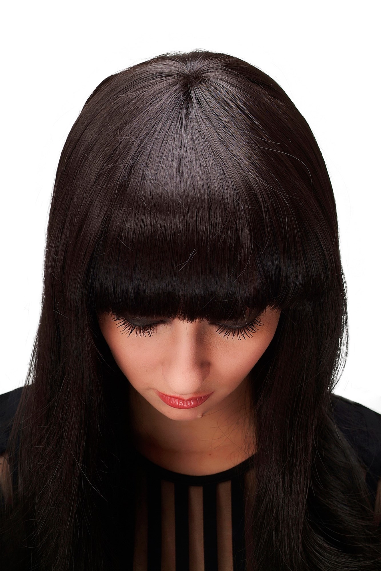 hochwertige Qualitätsperücken, Divenhafte Damen Perücke Dunkelbraun Lang Gewellt Pony G3920-4, Ansicht 5, WIG ME UP: Ihr Perücken Online Shop wellige Tressen-Perücke mit Kopfhaut-Imitat Dunkelbraun lange Haare für Damen