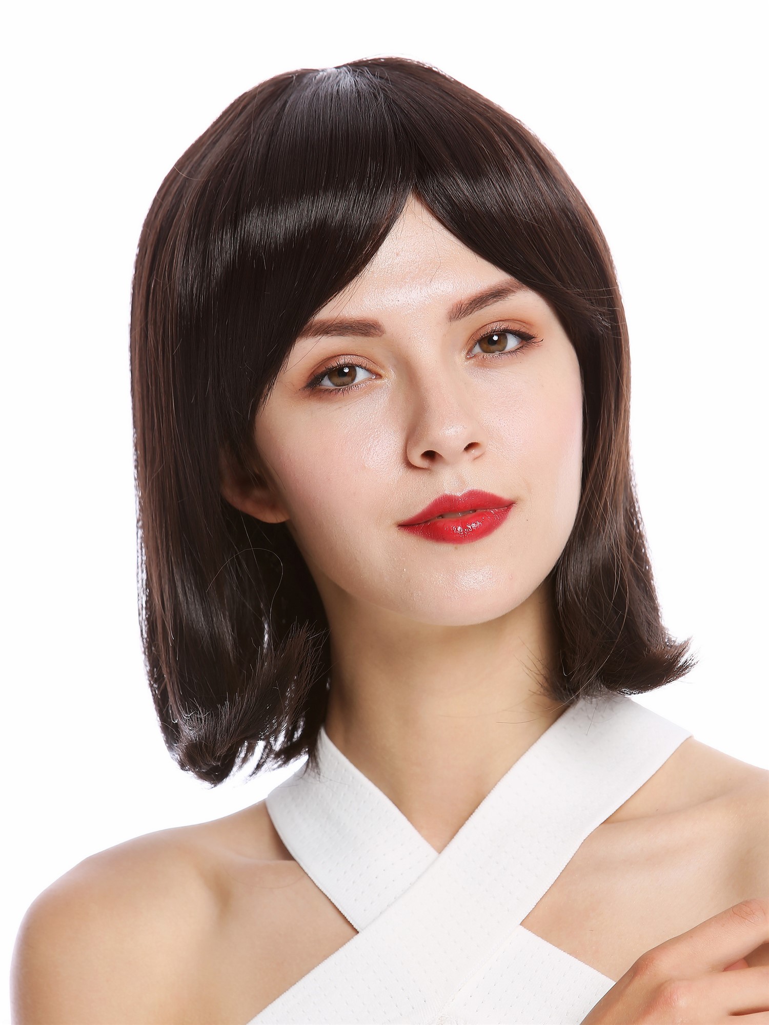 hochwertige Qualitätsperücken, Perücke kurz Longbob Pony glatt Braun YZF-4366-M2, Ansicht 2, WIG ME UP: Ihr Perücken Online Shop glatte Tressen-Perücke mit Kopfhaut-Imitat Dunkelbraun kurze Haare für Damen