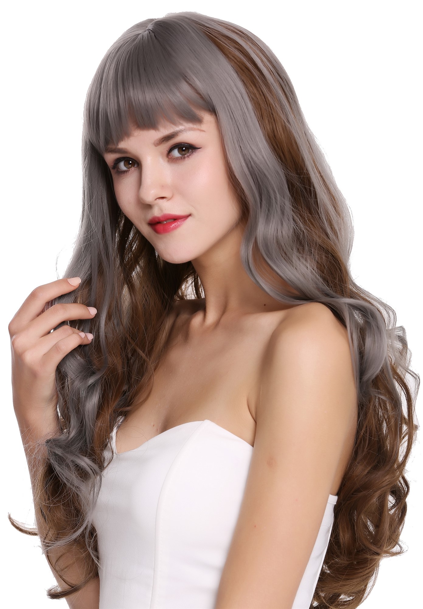 Women's wig long fringe wavy curly Balayage highlights grey brown lady MS1725, view 3, WIG ME UP: Your Perücken Online Shop Quality Wigs, Ladies, ash gray-golden brown, wavy, long